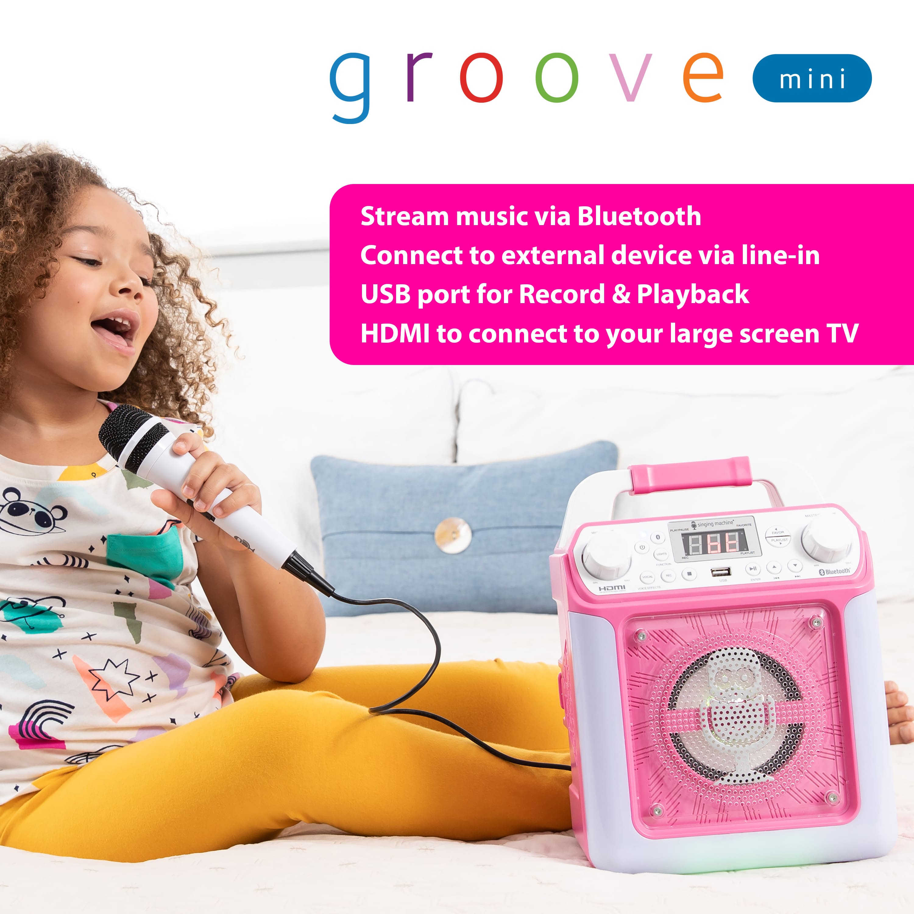 Groove Mini Stream music via Bluetooth Connect to external device via line-in USB port for Record & Playback HDMI to connect to your large screen TV