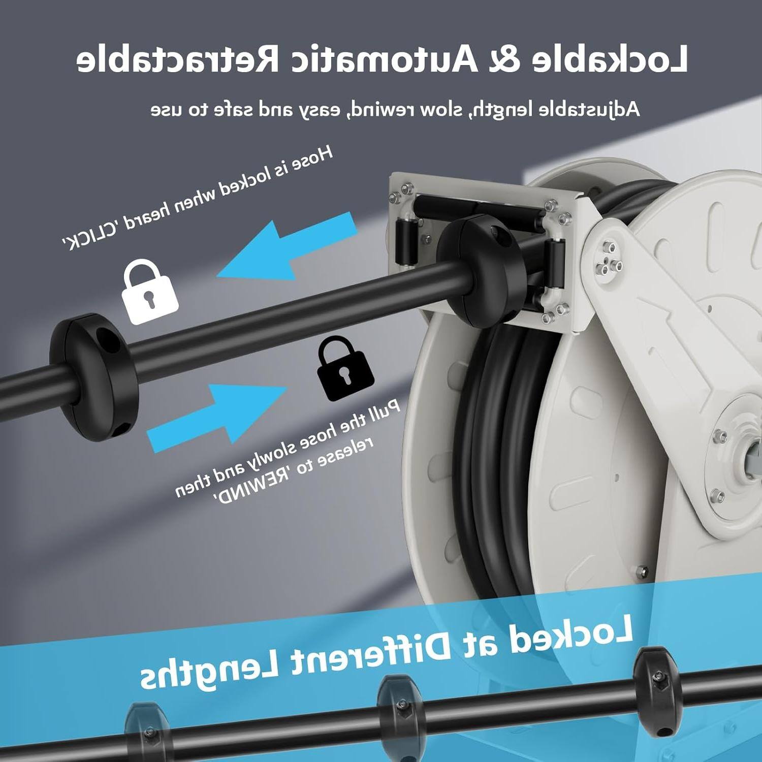 Lockable & Retractable Automatic

Adjustable Hose Lock when heard 'CLICK'

Lockable at Different Lengths

Lockable at Different Lengths