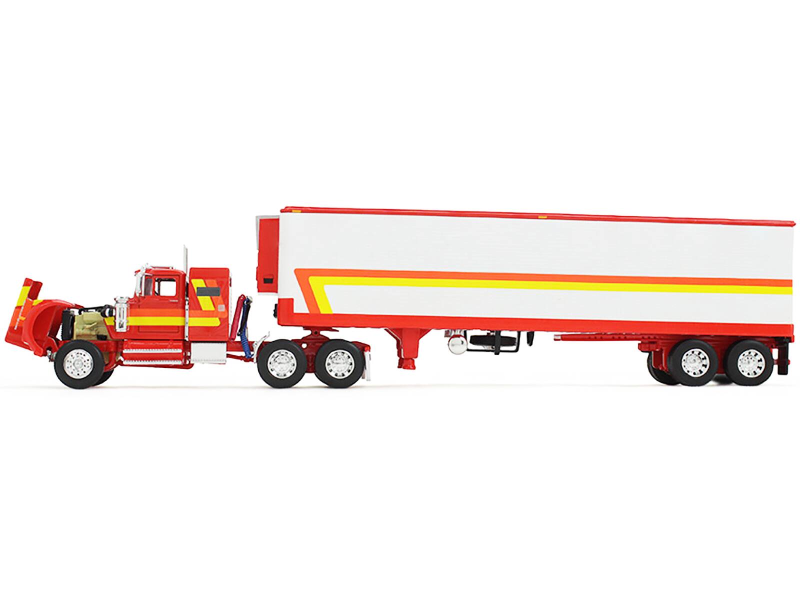 Angle. First Gear - White Western Star 4900 w/ 36" Vintage Flat Top Sleeper & Wilson 40' Vintage Reefer Trailer Red/White 1/64 DCP - Red and White.