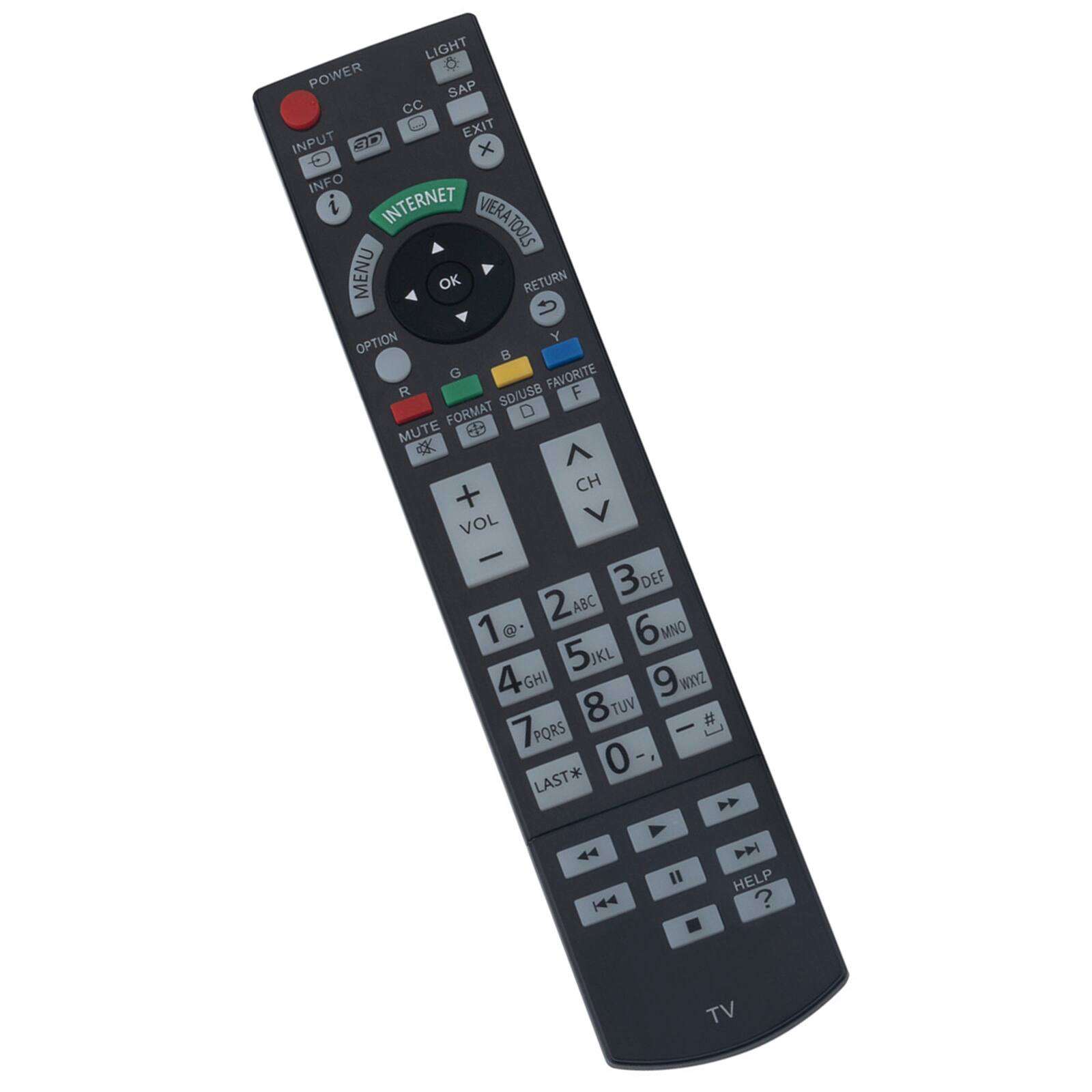 Sure, here is the corrected and grouped text from the image:

- **Top Row:**
  - POWER
  - LIGHT
  - SAP
  - CC
  - EXIT
  - INPUT
  - 3D
  - INFO
  - INTERNET
  - VIERA TOOLS
  - MENU
  - OK
  - RETURN
  - OPTION
  - Y
  - FAVORITE
  - F
  - G
  - B
  - R
  - FORMAT
  - SD/USB
  - MUTE
  - HELP
  - TV

- **Middle Row:**
  - VOL +
  - VOL -
  - CH +
  - CH -
  - 1
  - 2 ABC
  - 3 DEF
  - 4 GHI
  - 5 JKL
  - 6 MNO
  - 7 PQRS
  - 8 TUV
  - 9 WXYZ
  - 0
  - LAST*

- **Bottom Row:**
  - 1@.
  - 4
  - 7
  - 0
  - 44
  -