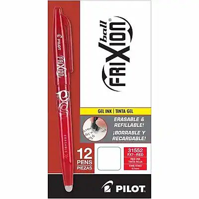 ball 100
FRX100
GEL INK | TINTA GEL
ERASABLE & REFILLABLE!
BORRABLE Y RECARGABLE!
12 PENS | 12 PIEZAS
31552
RED INK | TINTA ROJA
FINE/FINO
PILOT