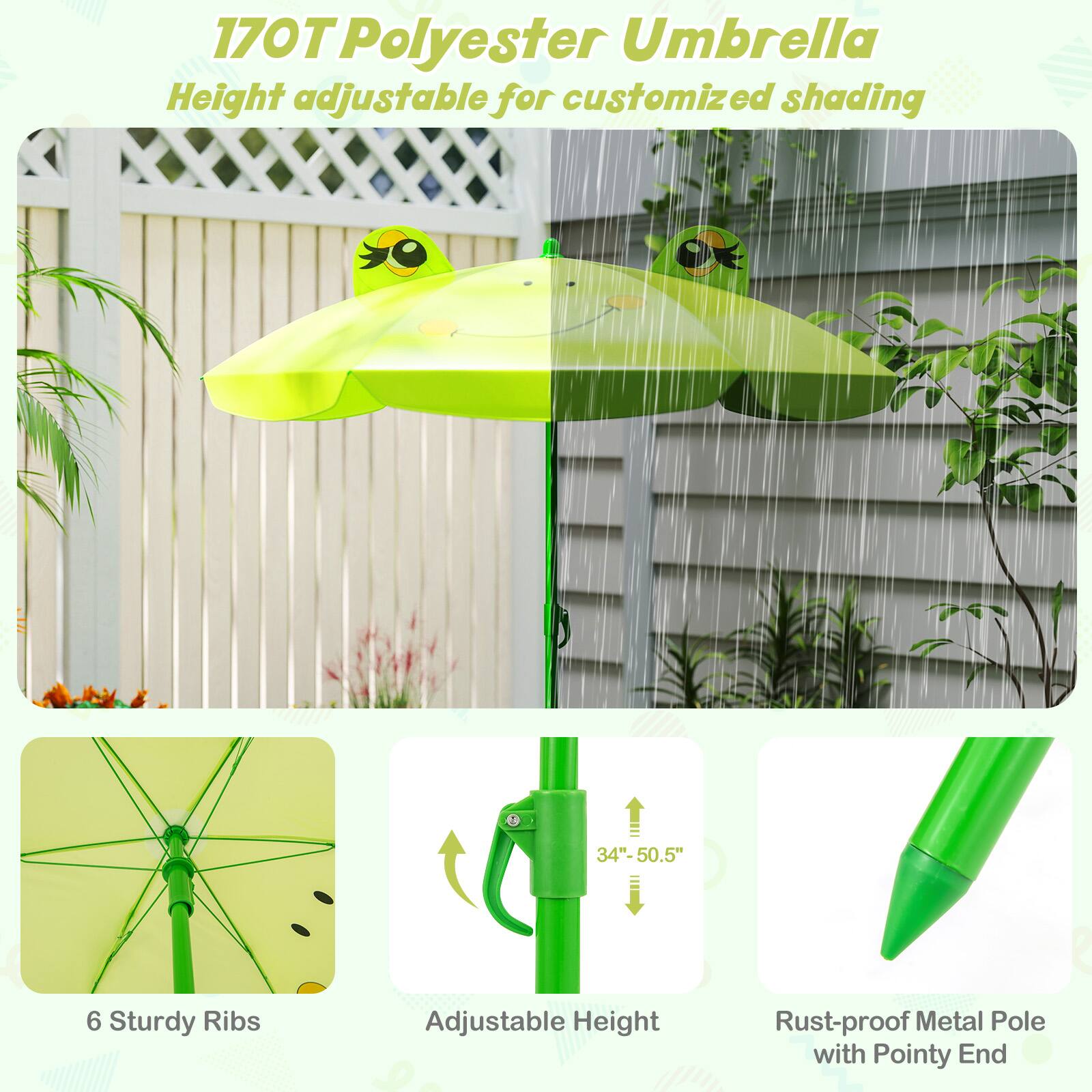 170T Polyester Umbrella  
Height adjustable for customized shading  

- 6 Sturdy Ribs  
- Adjustable Height (34" - 50.5")  
- Rust-proof Metal Pole with Pointy End