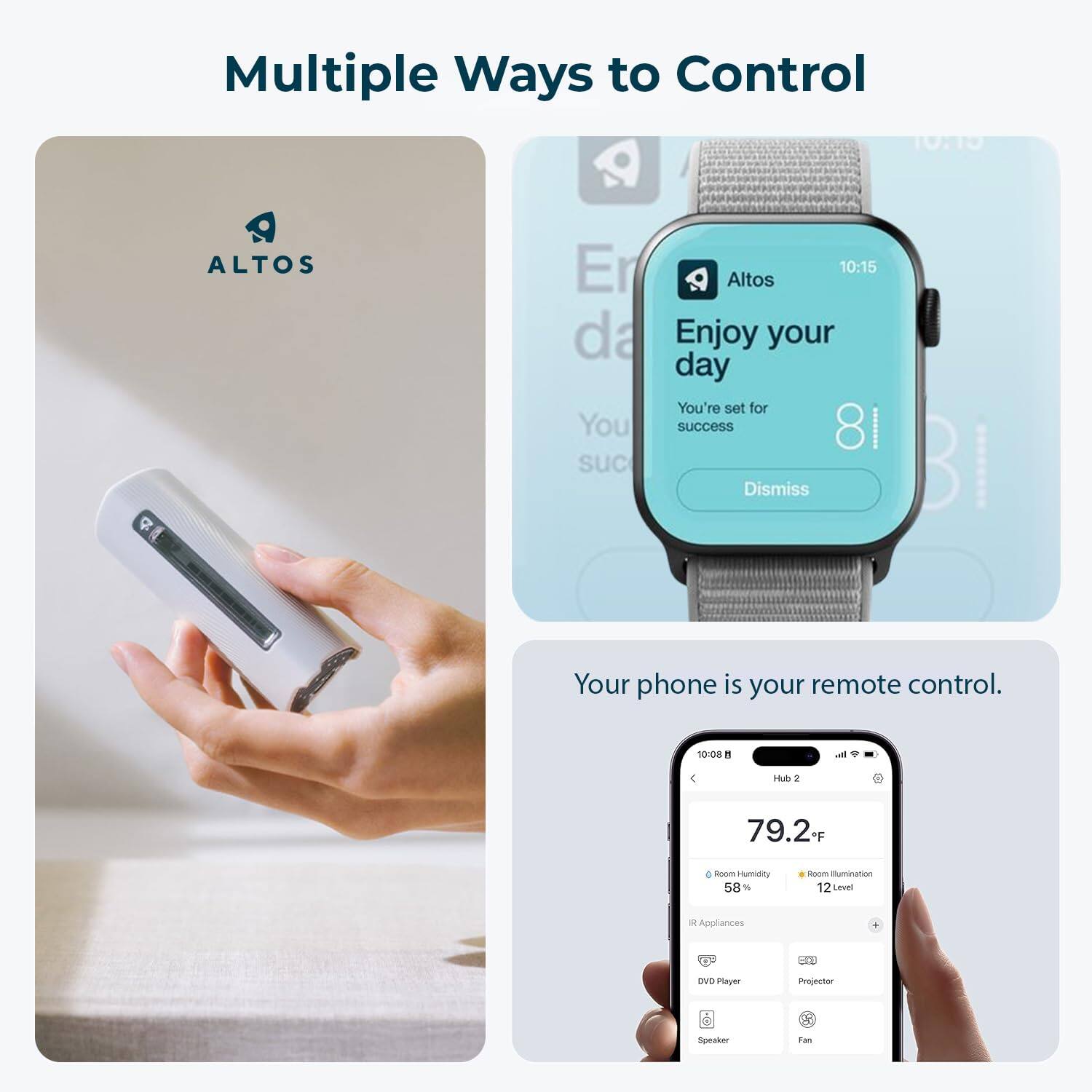 Multiple Ways to Control

Enjoy your day  
You're set for success

Your phone is your remote control.

Hub 2  
79.2°F  
Room Humidity 58%  
Room Illumination 12 Level  

IR Appliances  
DVD Player  
Projector  
Speaker  
Fan
