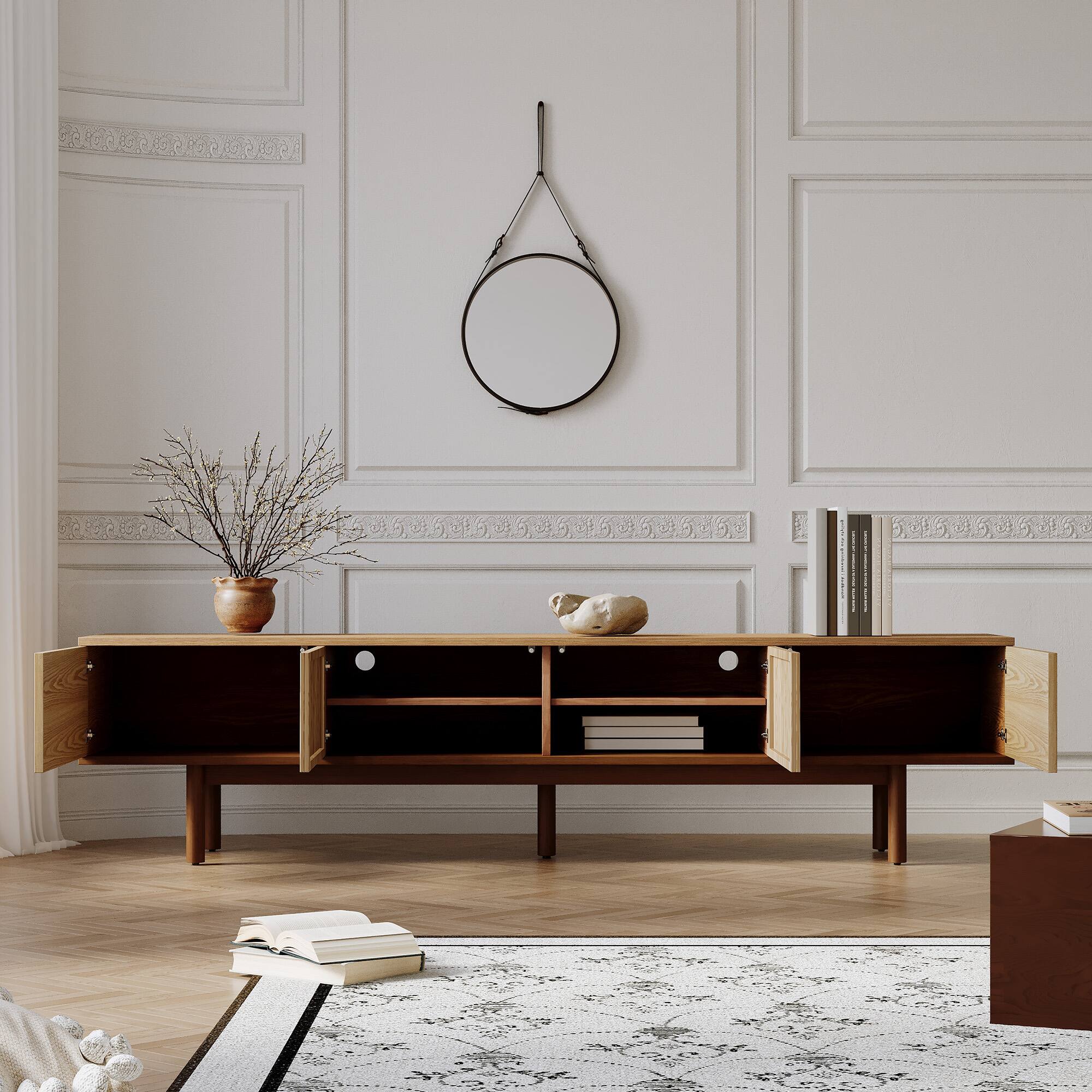 Left. luck idea - 86.6" Solid Wood TV Stand, Media Console with Storage Space - Natural Color.