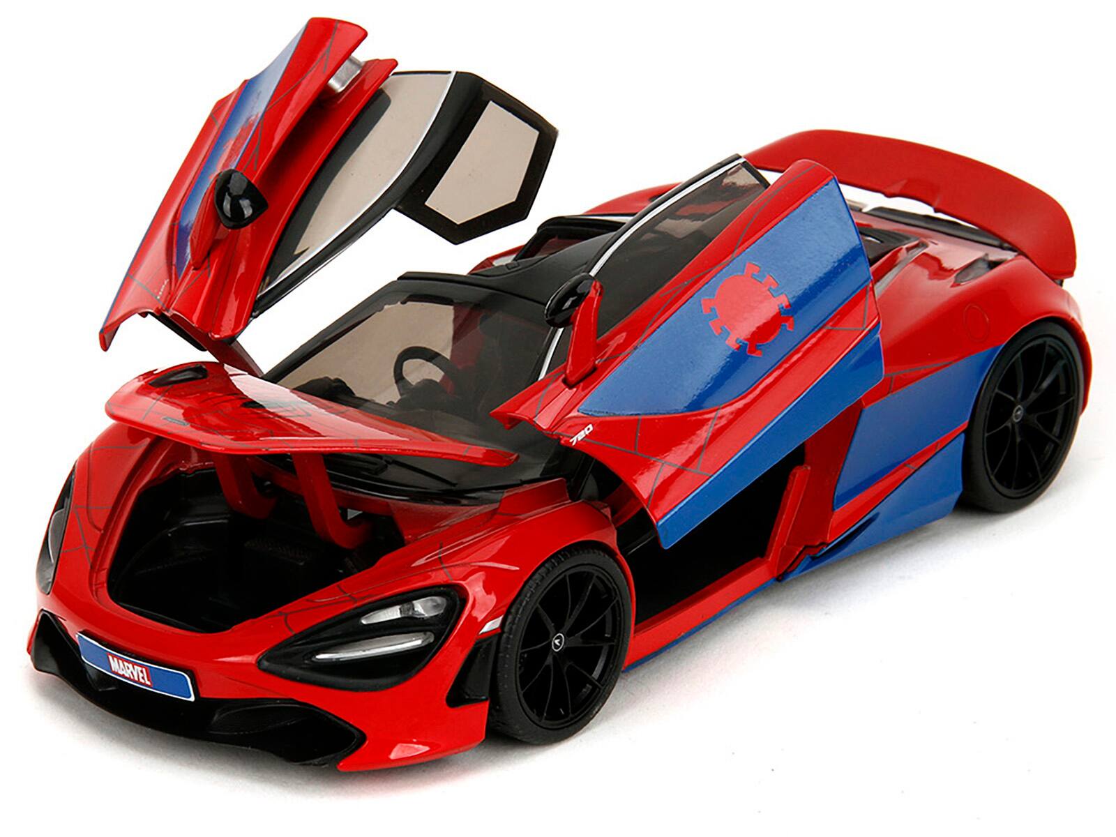 Angle. Jada - McLaren 720S Red Blue w/ Black Top & Graphics & Spider-Man Figure Marvel Spider-Man Hollywood Rides 1/24 Diecast - Red And Blue With Black.
