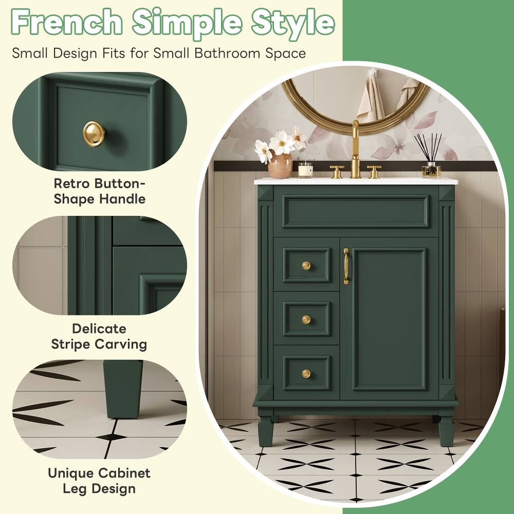 French Simple Style  
Small Design Fits for Small Bathroom Space  

Retro Button-Shape Handle  
Delicate Stripe Carving  
Unique Cabinet Leg Design