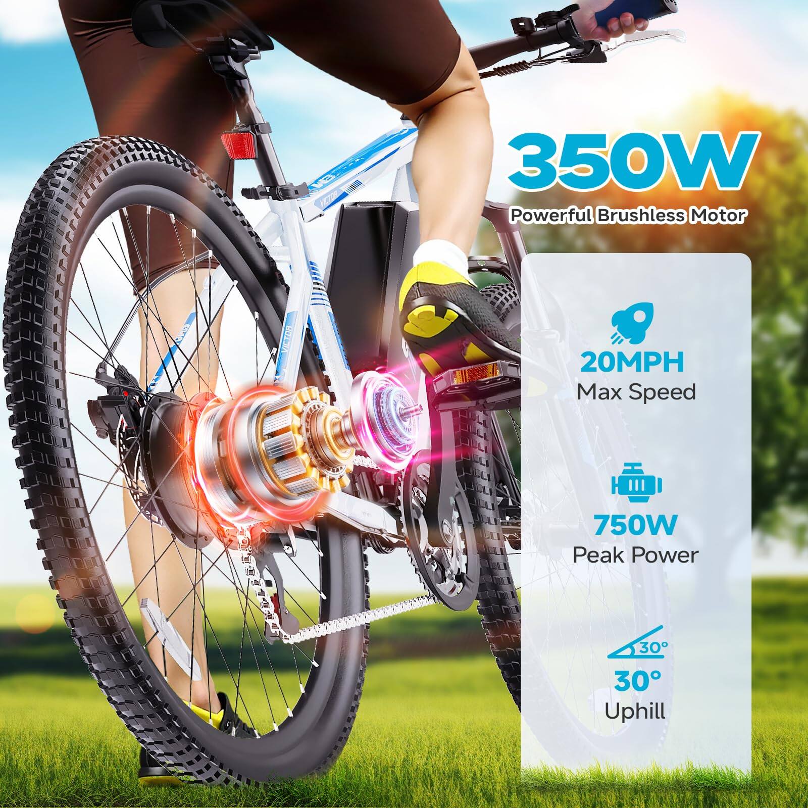 350W Powerful Brushless Motor  
20MPH Max Speed  
750W Peak Power  
30° Uphill