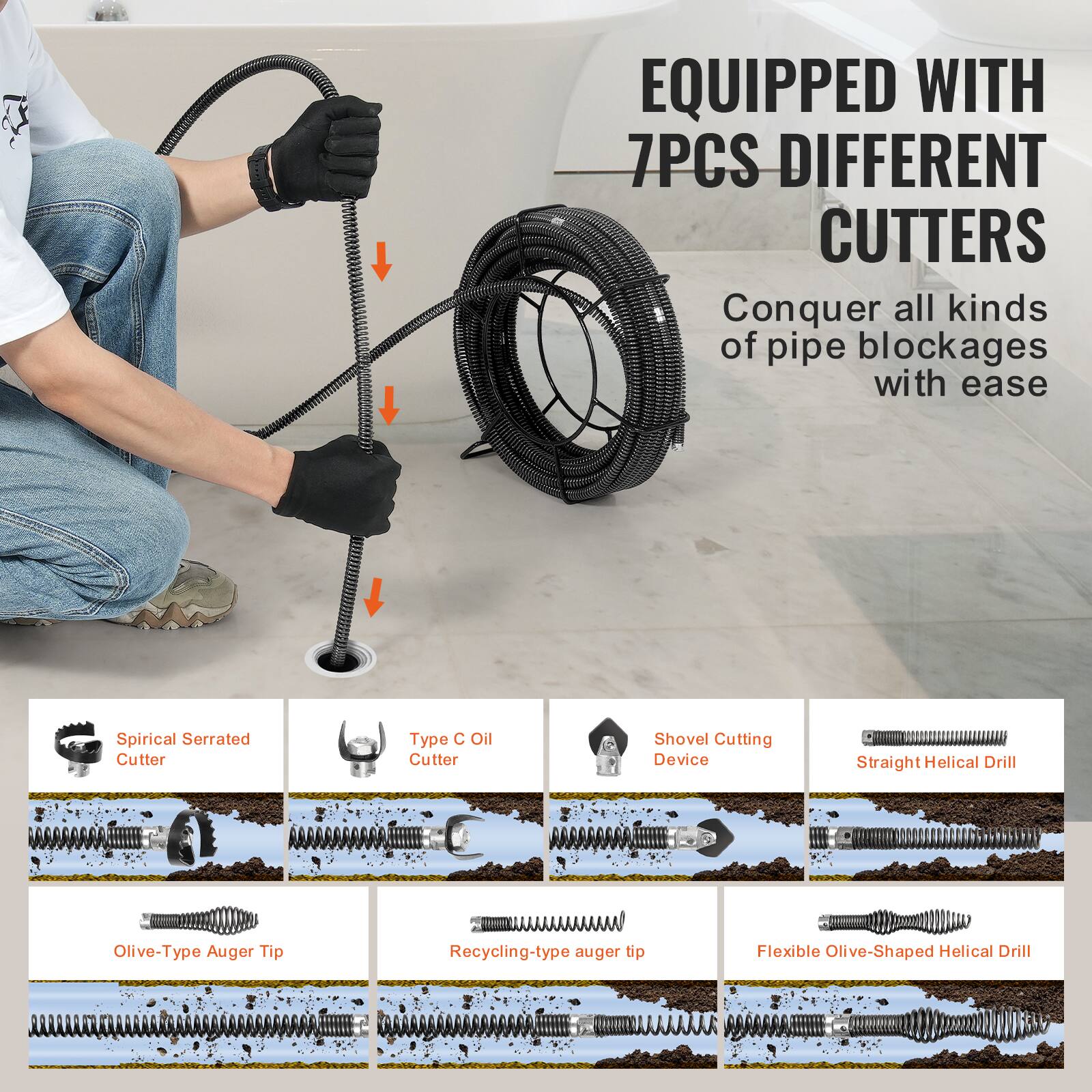EQUIPPED WITH 7PCS DIFFERENT CUTTERS

Conquer all kinds of pipe blockages with ease

Spiral Serrated Cutter
Type C Oil Cutter
Shovel Cutting Device
Straight Helical Drill
Olive-Type Auger Tip
Recycling-type auger tip
Flexible Olive-Shaped Helical Drill