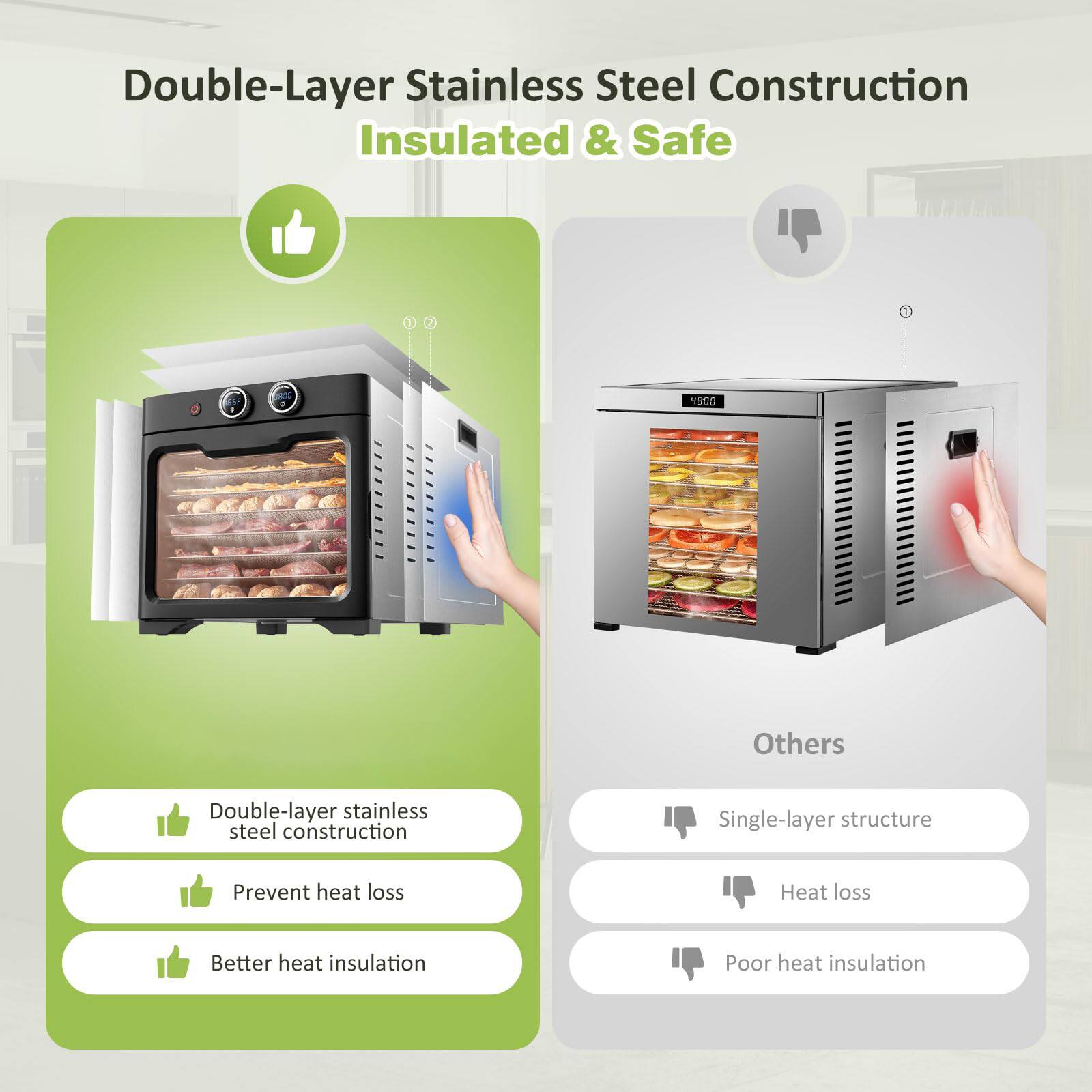 Double-Layer Stainless Steel Construction  
Insulated & Safe

Double-layer stainless steel construction  
Prevent heat loss  
Better heat insulation

Others  
Single-layer structure  
Heat loss  
Poor heat insulation