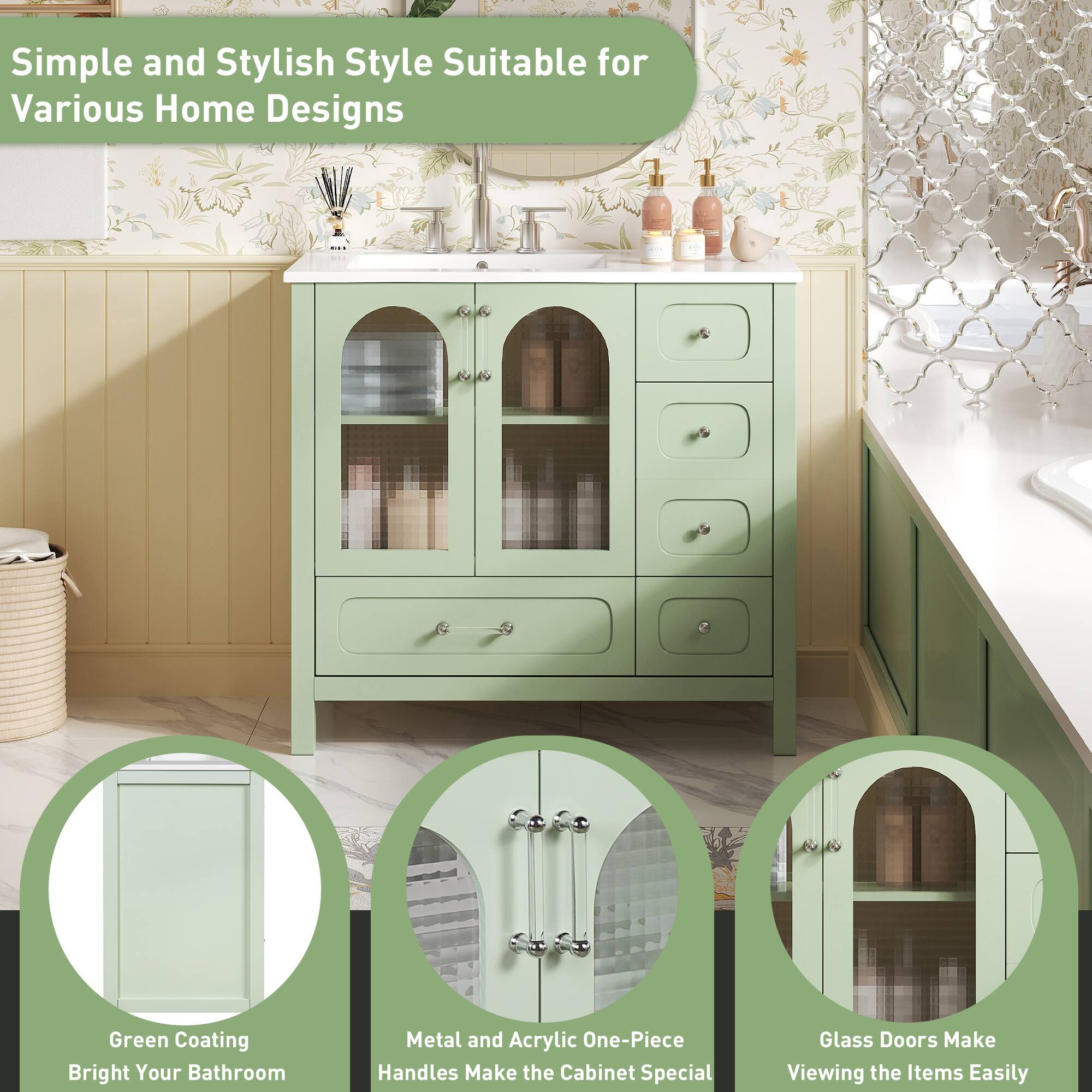 Simple and Stylish Style Suitable for Various Home Designs

Green Coating Bright Your Bathroom

Metal and Acrylic One-Piece Handles Make the Cabinet Special

Glass Doors Make Viewing the Items Easily