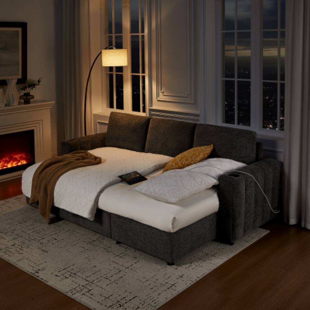 Angle. LUCKY ONE - 96" Gray Boucle Reversible Sleeper Sectional Sofa with Storage Chaise, Cupholders, USB Charging, and Throw Pillows - Gray.