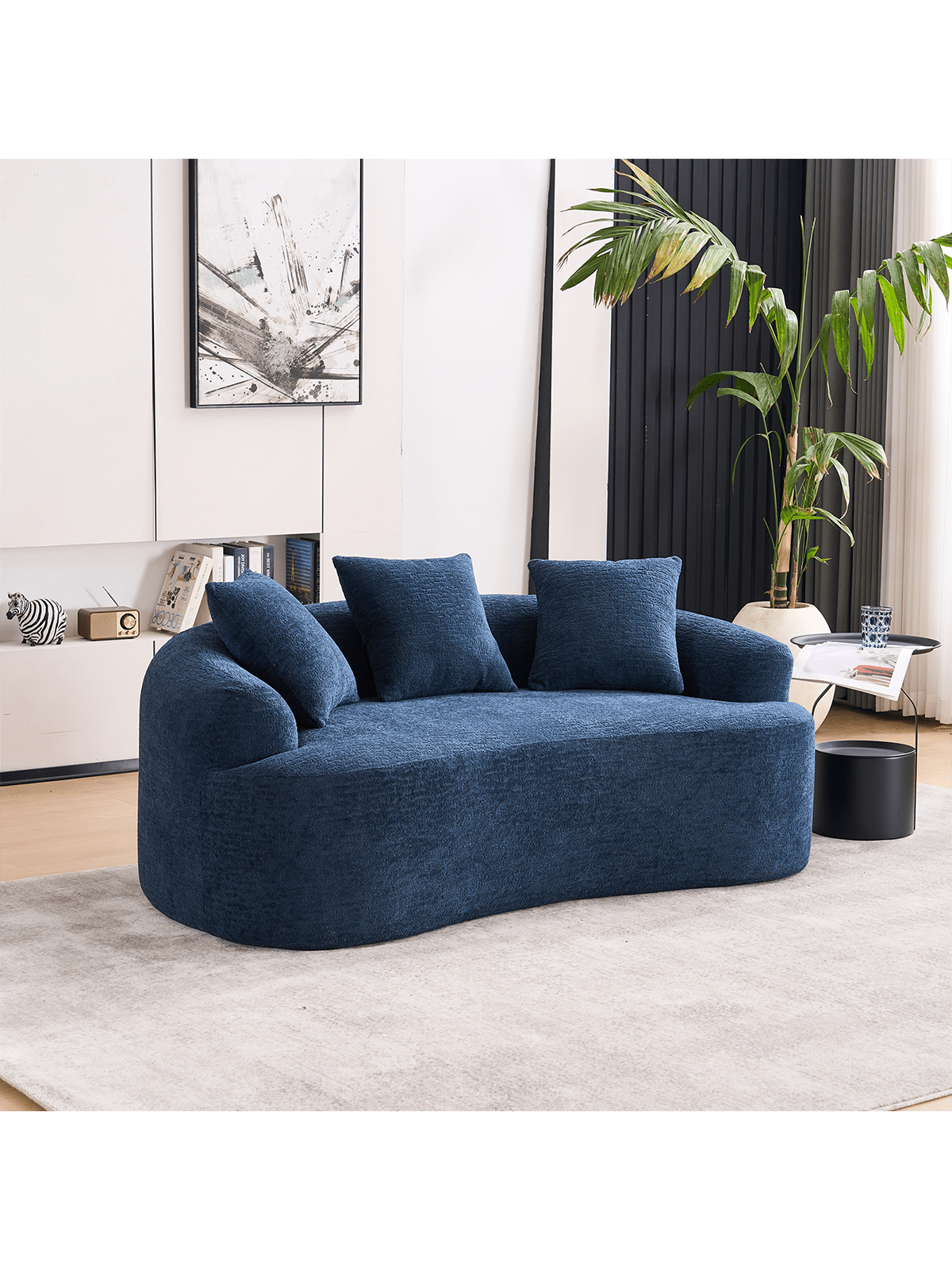 Alt View 6. Trinkets Crazed - 65" Curved Small Loveseat Sofa,Cozy Chenille Upholstered Couch With 3 Pillows,Modern Deep Seat Cloud Couch - Navy.