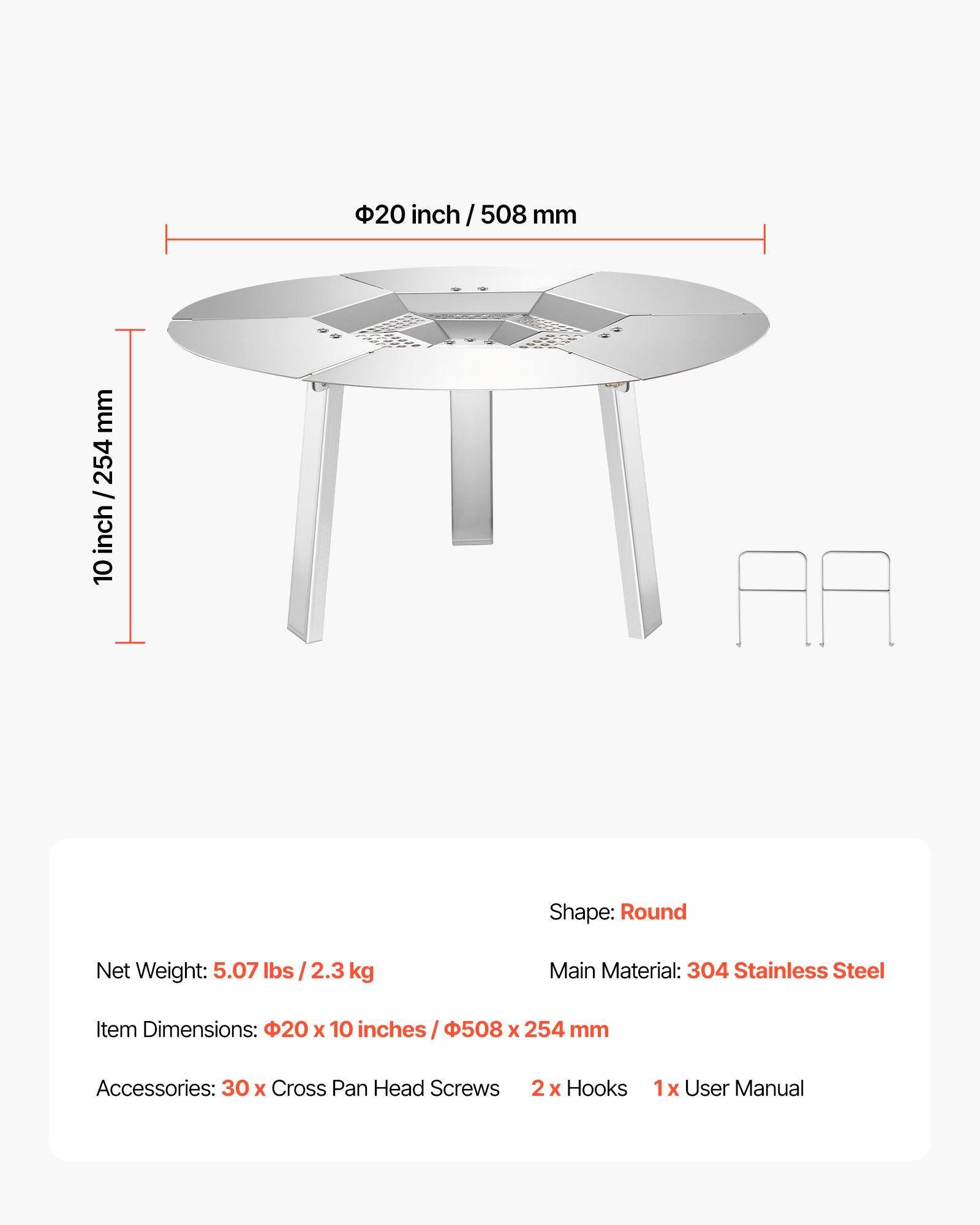 - **Size:** 20 inch / 508 mm
- **Shape:** Round
- **Net Weight:** 5.07 lbs / 2.3 kg
- **Main Material:** 304 Stainless Steel
- **Item Dimensions:** 20 x 10 inches / 508 x 254 mm
- **Accessories:** 30 x Cross Pan Head Screws, 2 x Hooks, 1 x User Manual