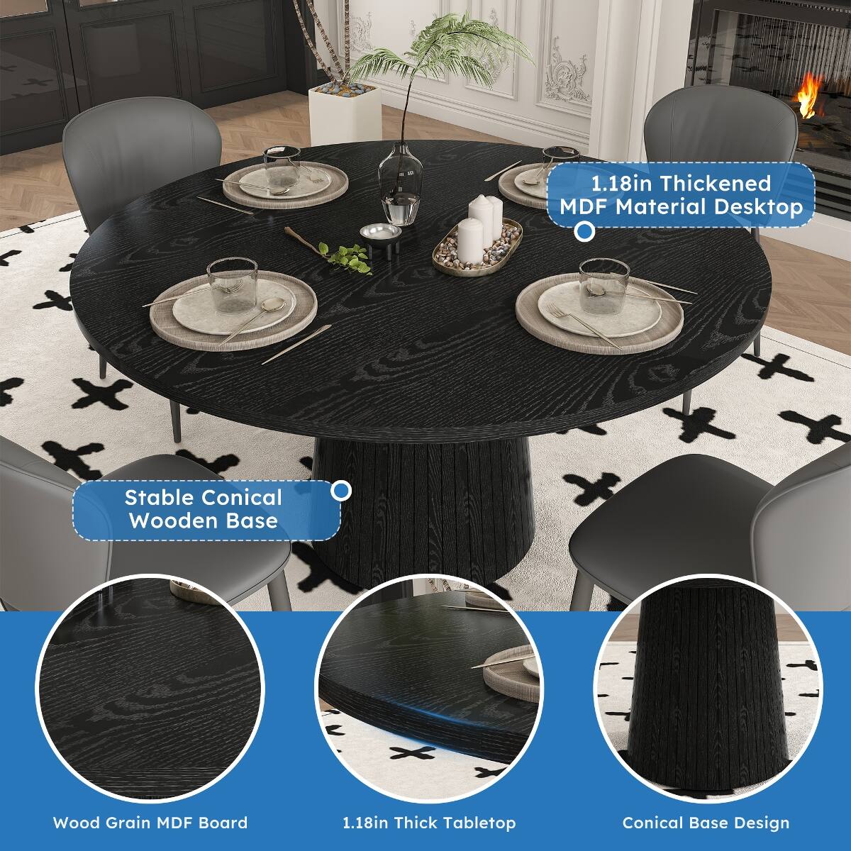 Loheer 47 Inch Round Dining Table for 4, Modern Farmhouse MDF Kitchen ...