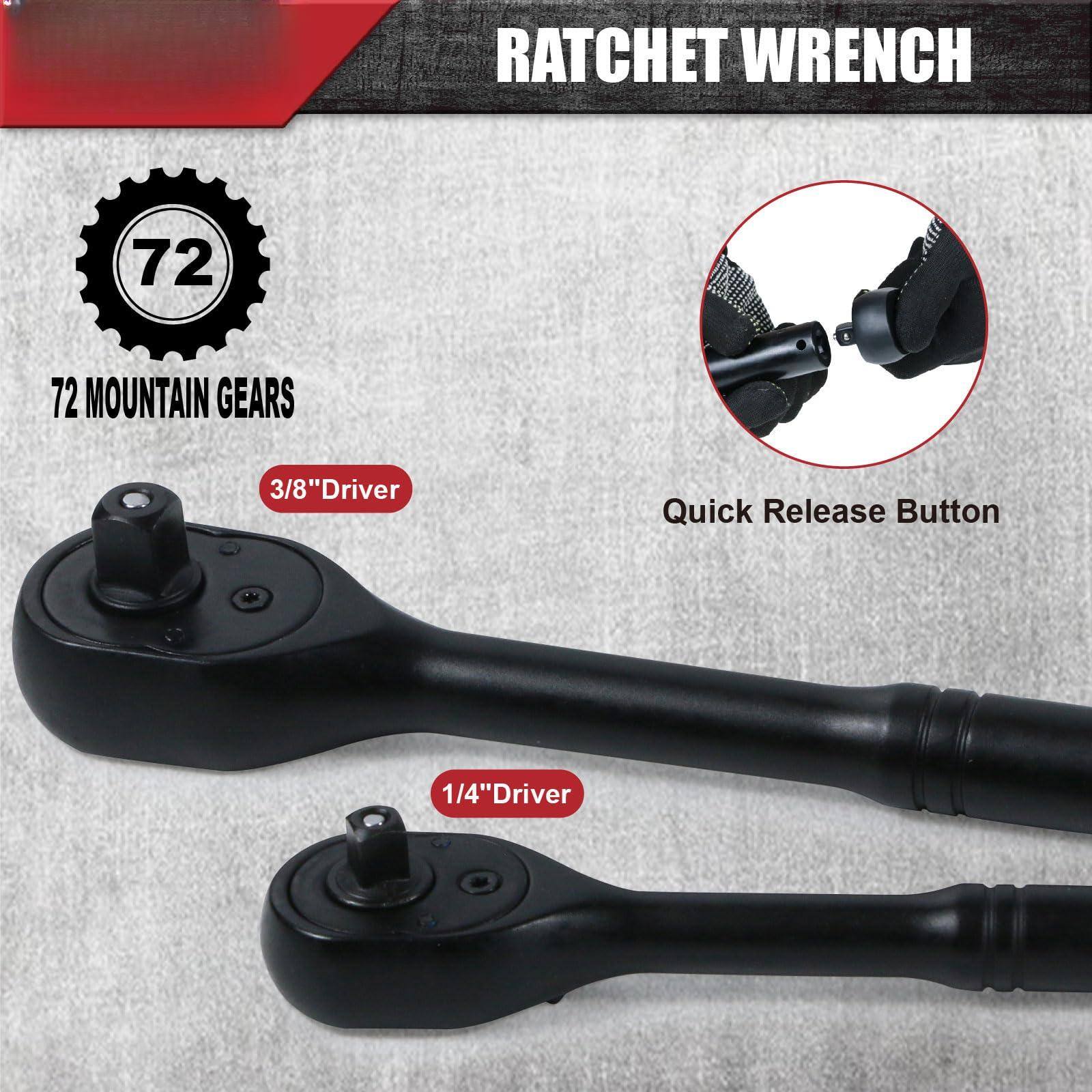 RATCHET WRENCH

- 72 MOUNTAIN GEARS
- 3/8" Driver
- 1/4" Driver
- Quick Release Button