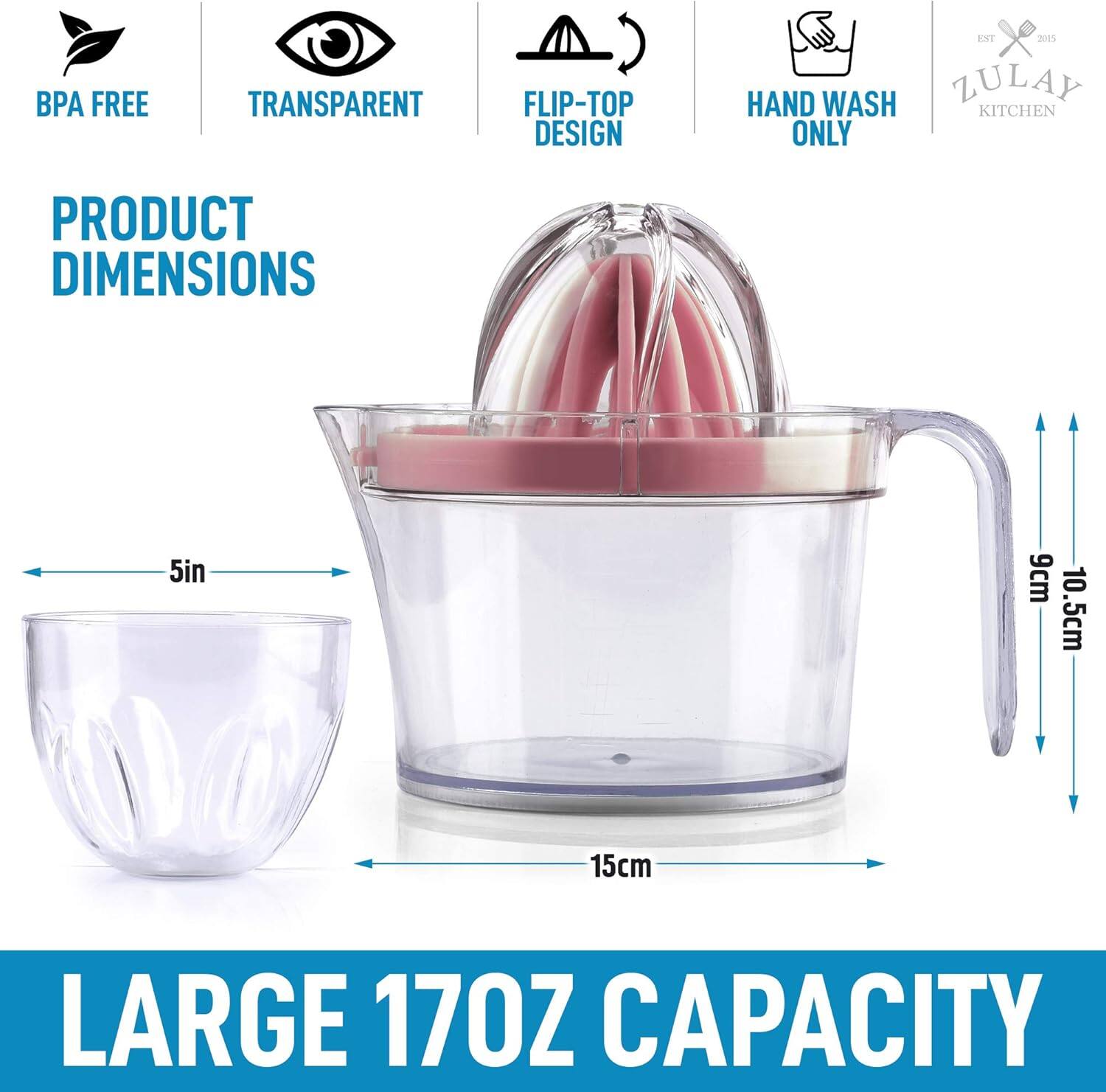 BPA FREE  
TRANSPARENT  
FLIP-TOP DESIGN  
HAND WASH ONLY  

PRODUCT DIMENSIONS  
5in (9cm)  
10.5cm  
15cm  

LARGE 170Z CAPACITY