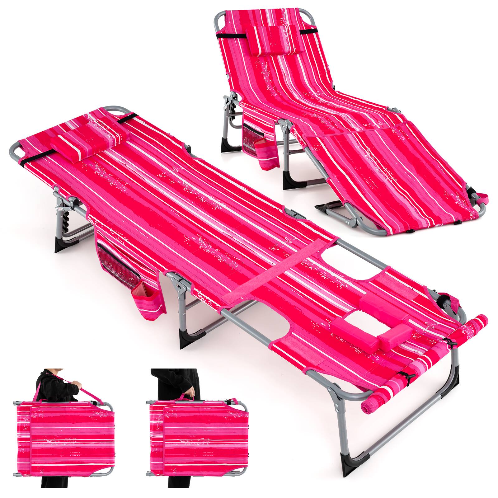 Gymax - Outdoor Folding Chaise 5-Position Lounge Chair w/ Face Hole & Adjustable Footrest - Striped Pink price history on PriceWatchPro