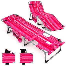 Gymax - Outdoor Folding Chaise 5-Position Lounge Chair w/ Face Hole & Adjustable Footrest - Striped Pink