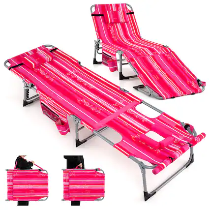 Front. Gymax - Gymax Outdoor Folding Chaise 5-Position Lounge Chair w/ Face Hole & Adjustable Footrest Striped Pink - Striped Pink.