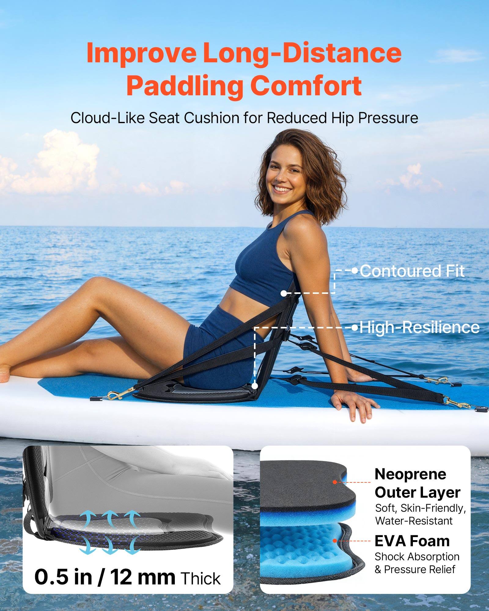 Improve Long-Distance Paddling Comfort

Cloud-Like Seat Cushion for Reduced Hip Pressure

- Contoured Fit
- High-Resilience

0.5 in / 12 mm Thick

Neoprene Outer Layer
- Soft, Skin-Friendly, Water-Resistant

EVA Foam
- Shock Absorption & Pressure Relief