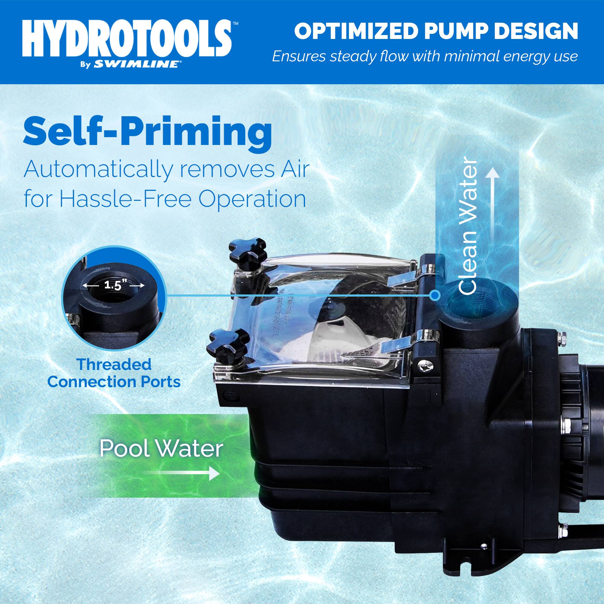 HYDROTOOLS  
By SWIMLINE

OPTIMIZED PUMP DESIGN  
Ensures steady flow with minimal energy use

Self-Priming  
Automatically removes Air for Hassle-Free Operation

Threaded Connection Ports

Pool Water

Clean Water