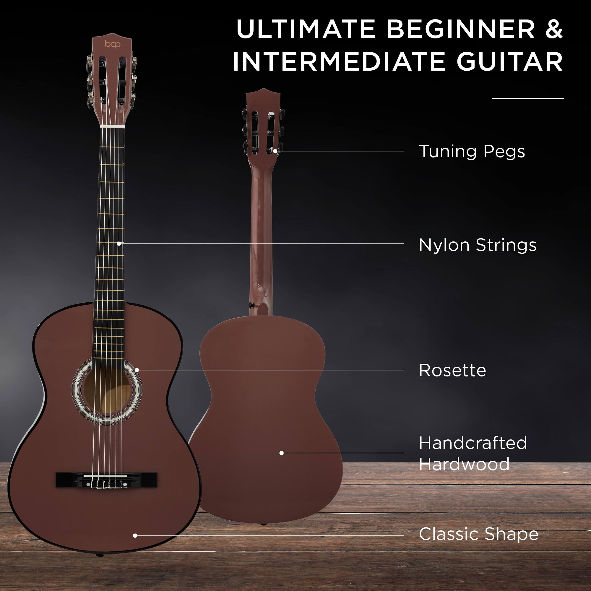 ULTIMATE BEGINNER & INTERMEDIATE GUITAR

- Tuning Pegs
- Nylon Strings
- Rosette
- Handcrafted Hardwood
- Classic Shape