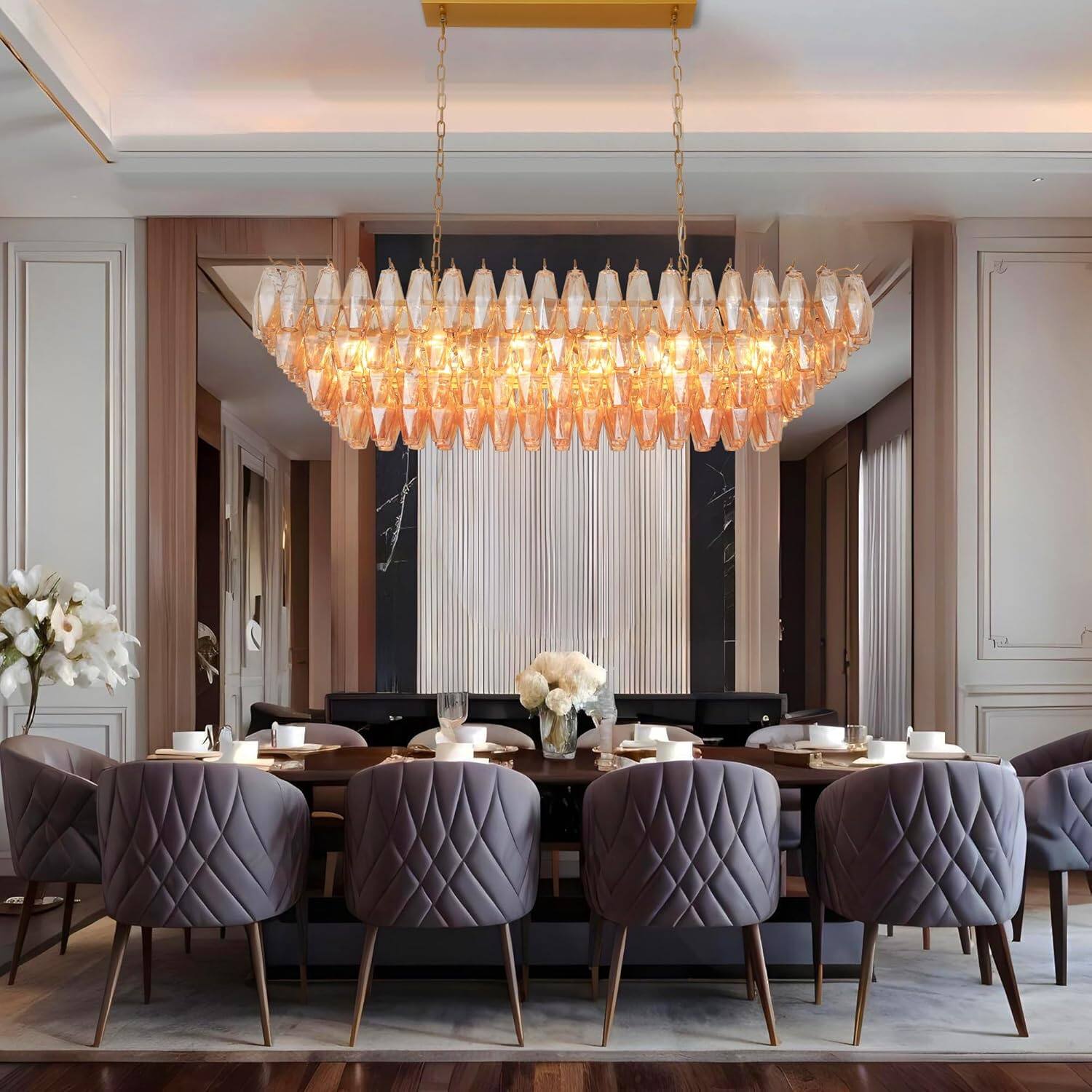 Left. Tiramisubest - 54" Modern Large Rectangle Gold Chandelier,12-Light with Smoke Glass Ceiling Lights,Farmhouse Pendant Lighting Fixture - Gold.