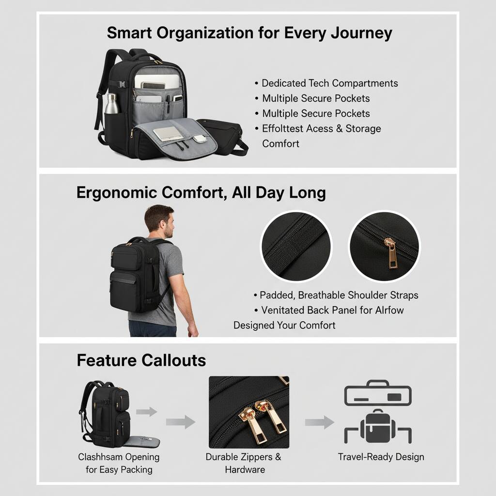 Smart Organization for Every Journey  
- Dedicated Tech Compartments  
- Multiple Secure Pockets  
- Effortless Access & Storage  
- Comfort  

Ergonomic Comfort, All Day Long  
- Padded, Breathable Shoulder Straps  
- Ventilated Back Panel for Airflow  
- Designed Your Comfort  

Feature Callouts  
- Clashhamsam Opening for Easy Packing  
- Durable Zippers & Hardware  
- Travel-Ready Design