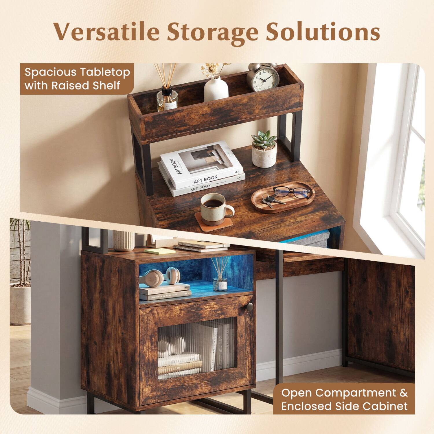 Versatile Storage Solutions

Spacious Tabletop with Raised Shelf

Open Compartment & Enclosed Side Cabinet