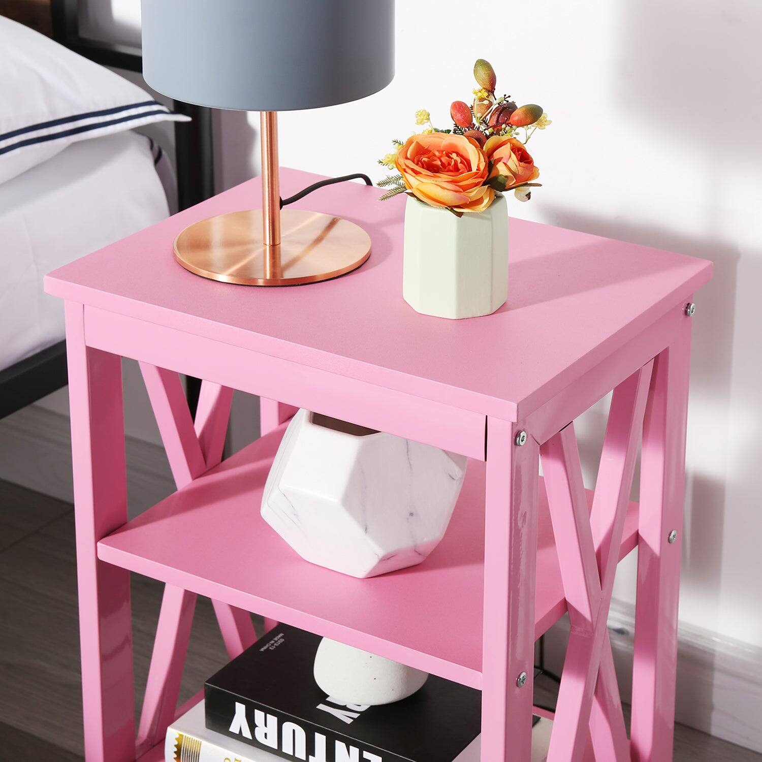 Left. Vecelo - Set of 2 Modern Nightstands X-Design Side End Table Night Stand with Storage Shelf for Bedroom,Living Room - Pink.