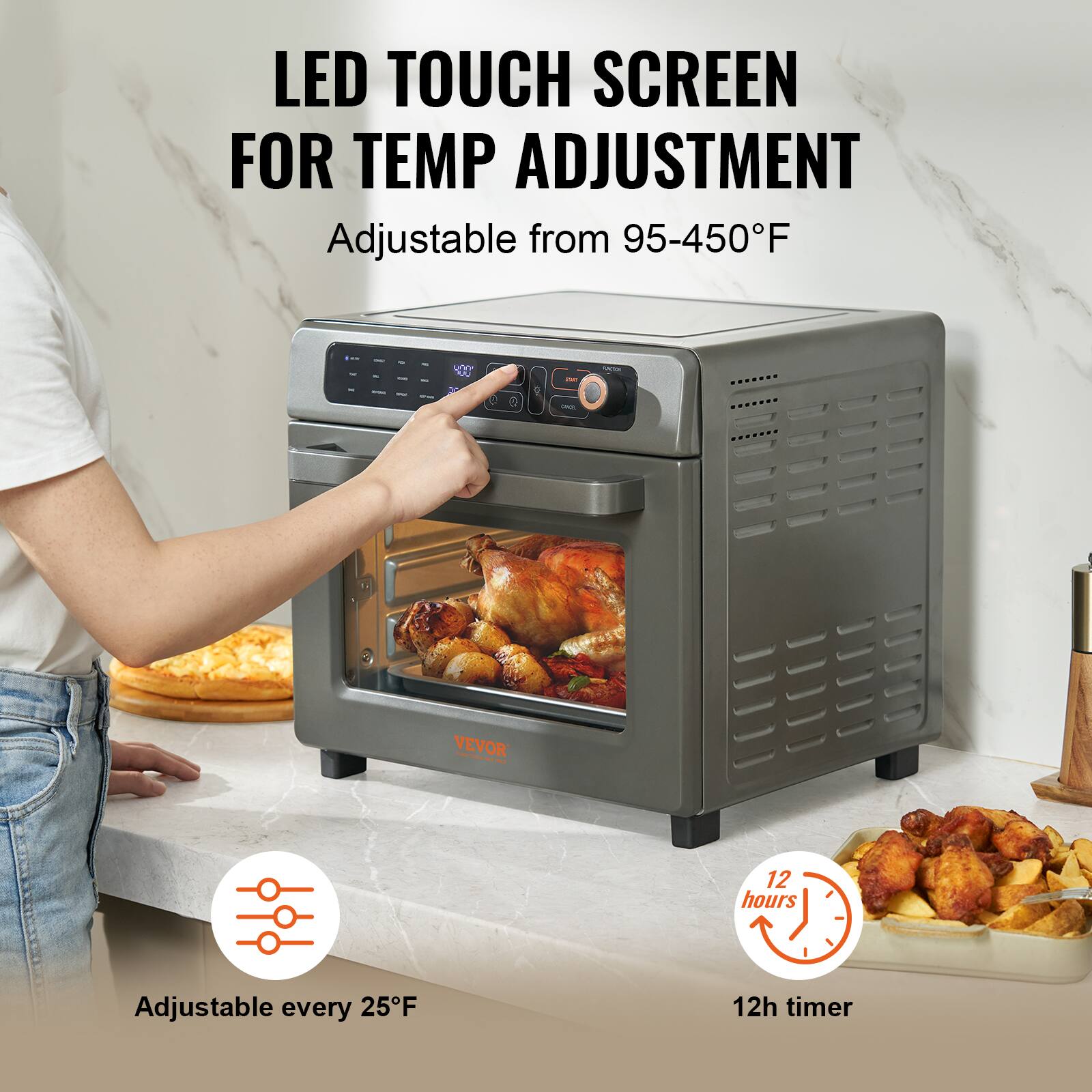 LED TOUCH SCREEN FOR TEMP ADJUSTMENT, Adjustable from 95-450°F, Adjustable every 25°F, 12h timer