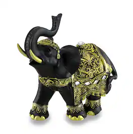 Zeckos - Exotic Black and Finish Trunk Up Thai Elephant Statue - Gold