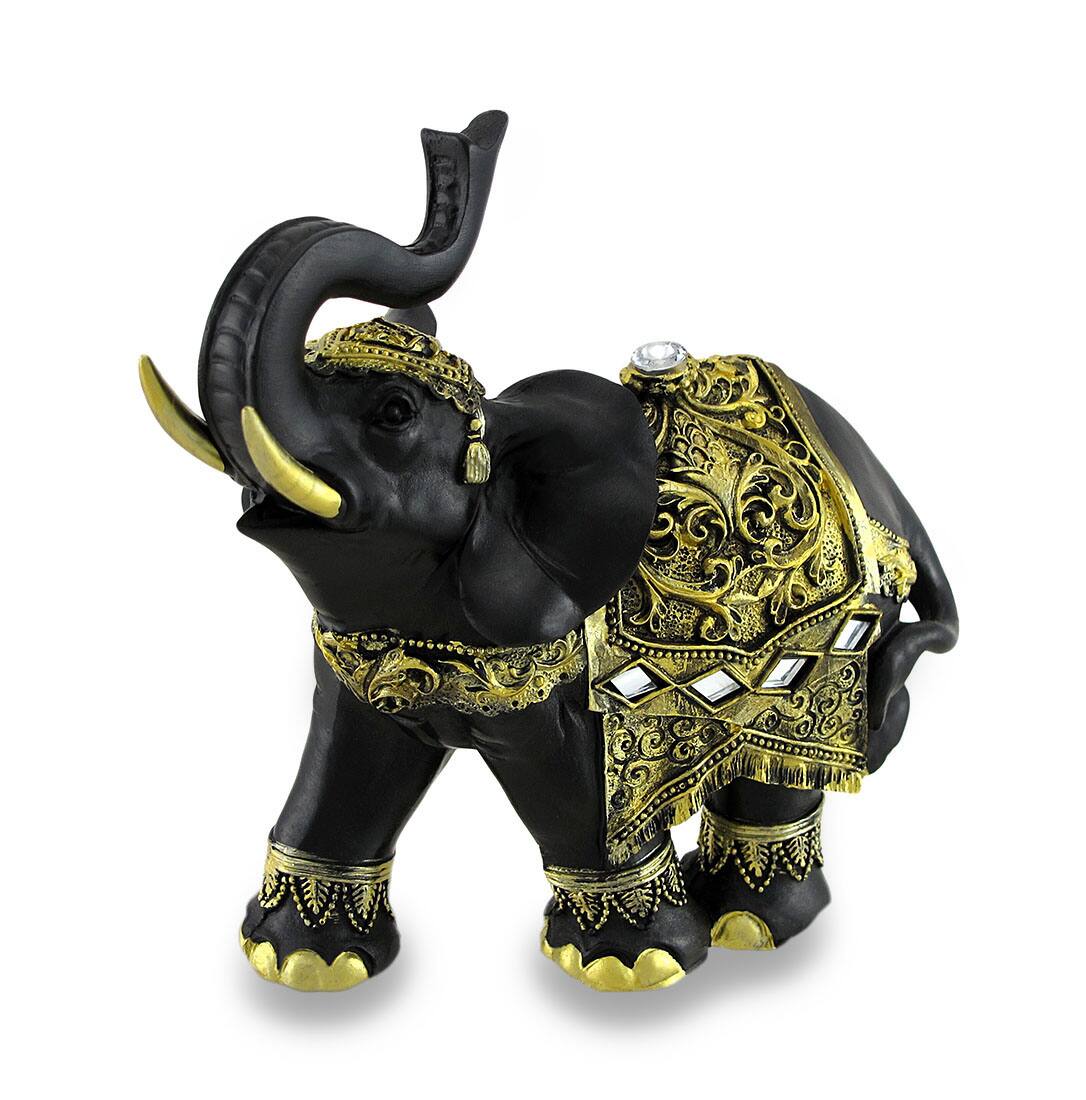 Front. Zeckos - Exotic Black and Gold Finish Trunk Up Thai Elephant Statue - Gold.