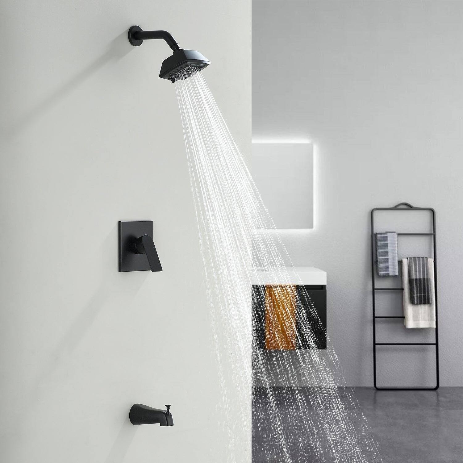 Alt View 4. Boyel Living - Black Brass Shower Faucet Set Pressure Balance Valve 5-Function ABS Top Spray Lift-Up Spout 1/2NPT Thread - Matte Black.