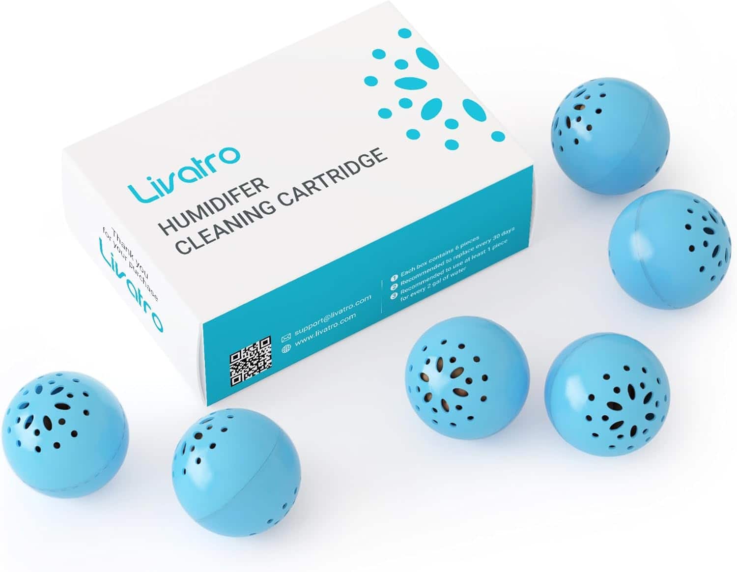 Livatro HUMIDIFIER CLEANING CARTRIDGE. Each box contains 6 pieces. Recommended for every 30 days. Recommended to use 1 piece of water. www.livatro.com. support@livatro.com.