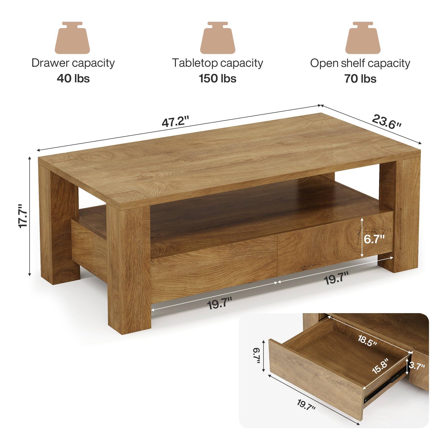 Drawer capacity 40 lbs  
Tabletop capacity 150 lbs  
Open shelf capacity 70 lbs  

47.2"  
23.6"  
17.7"  
6.7"  
19.7"  
19.7"  
6.7"  
19.7"  
18.5" 15.8"  
3.7"