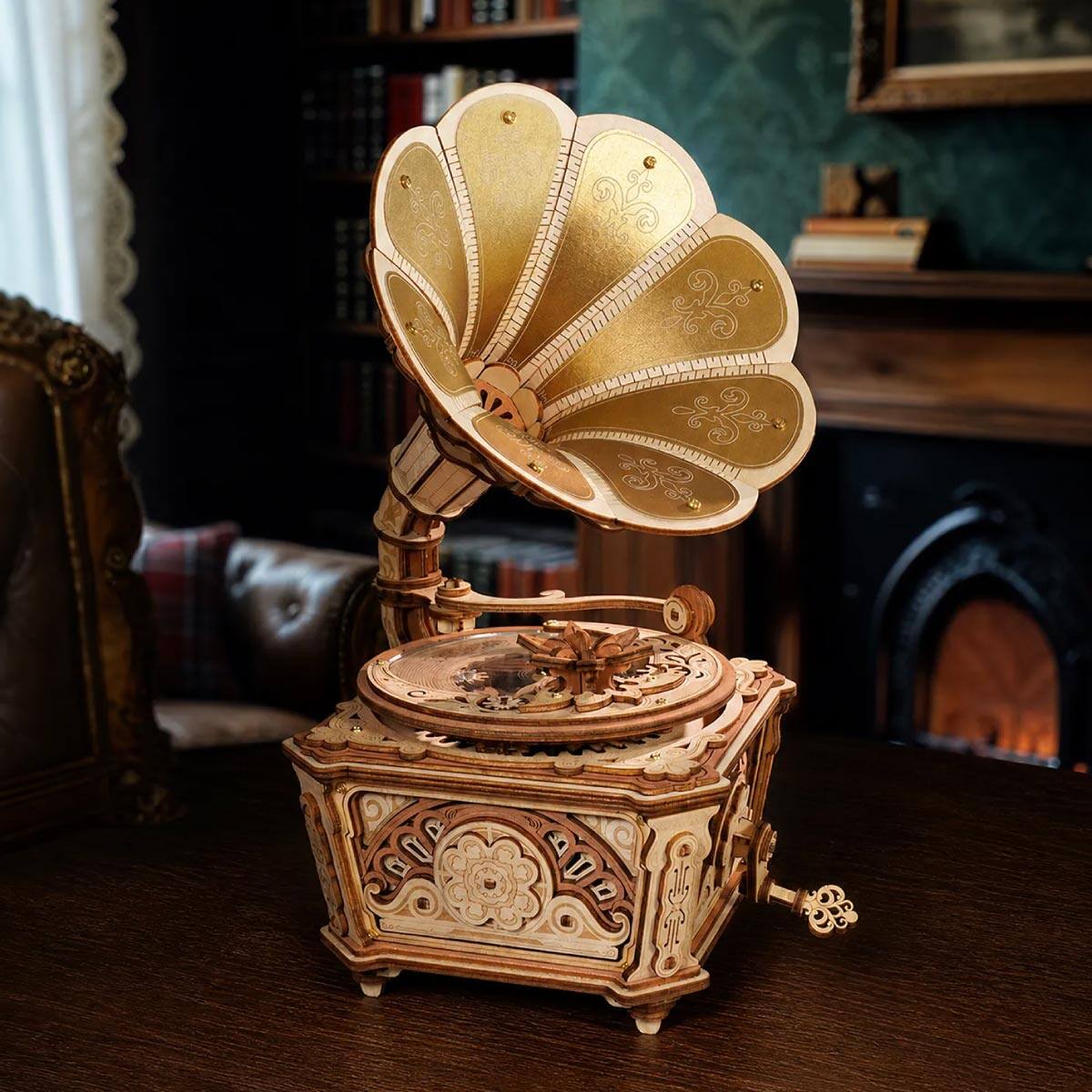 Angle. ROKR - ROKR 3D Wooden Puzzles Diva Phonograph Music Box Mechanical Model Kit to Build, AMK82.