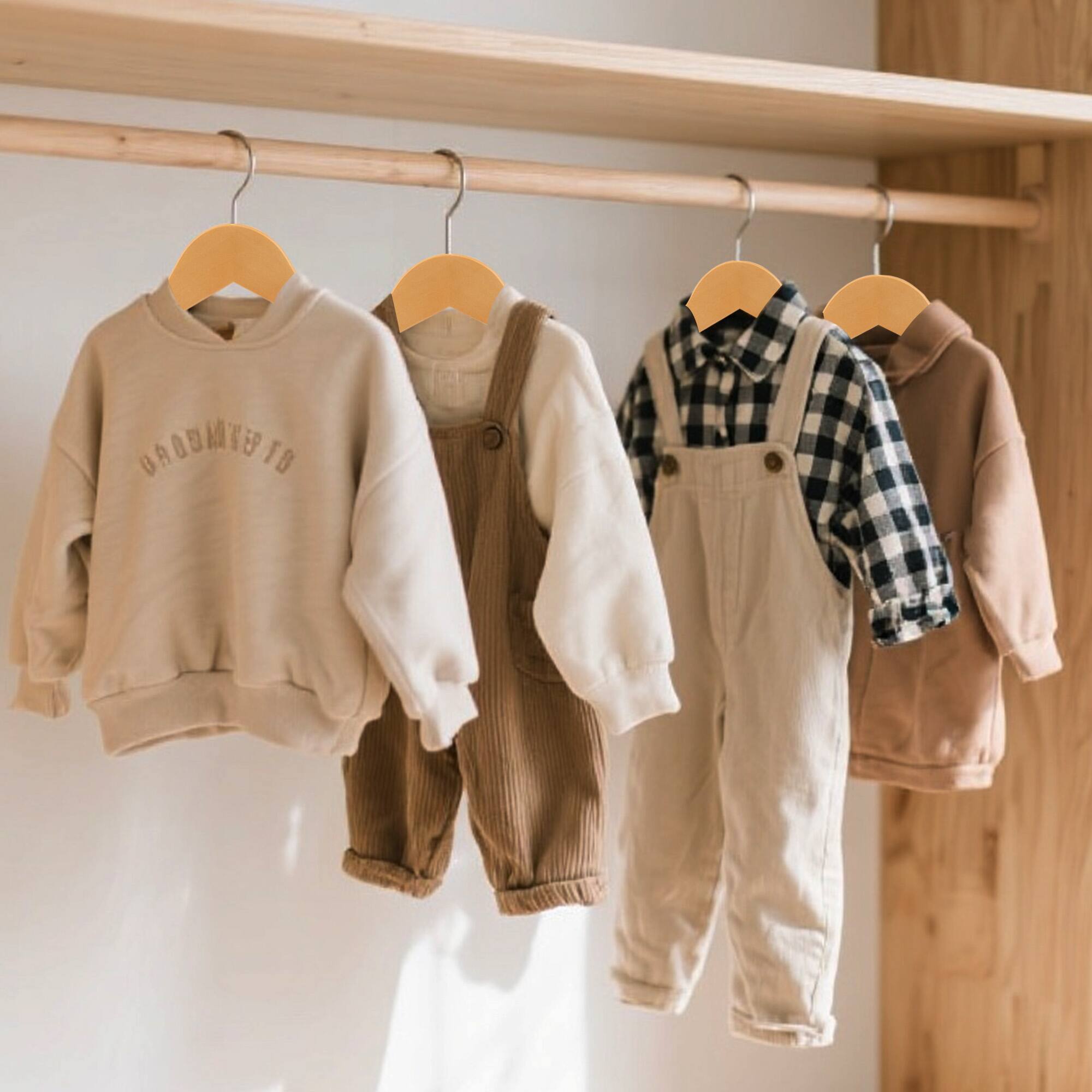 Alt View 2. BP4U - 12-Pack Kids Wooden Hangers with Pants Bar, Ultra-Slim Baby Wood Clothes Hangers for Toddler & Youth Coats/Dresses - Natural Wood.