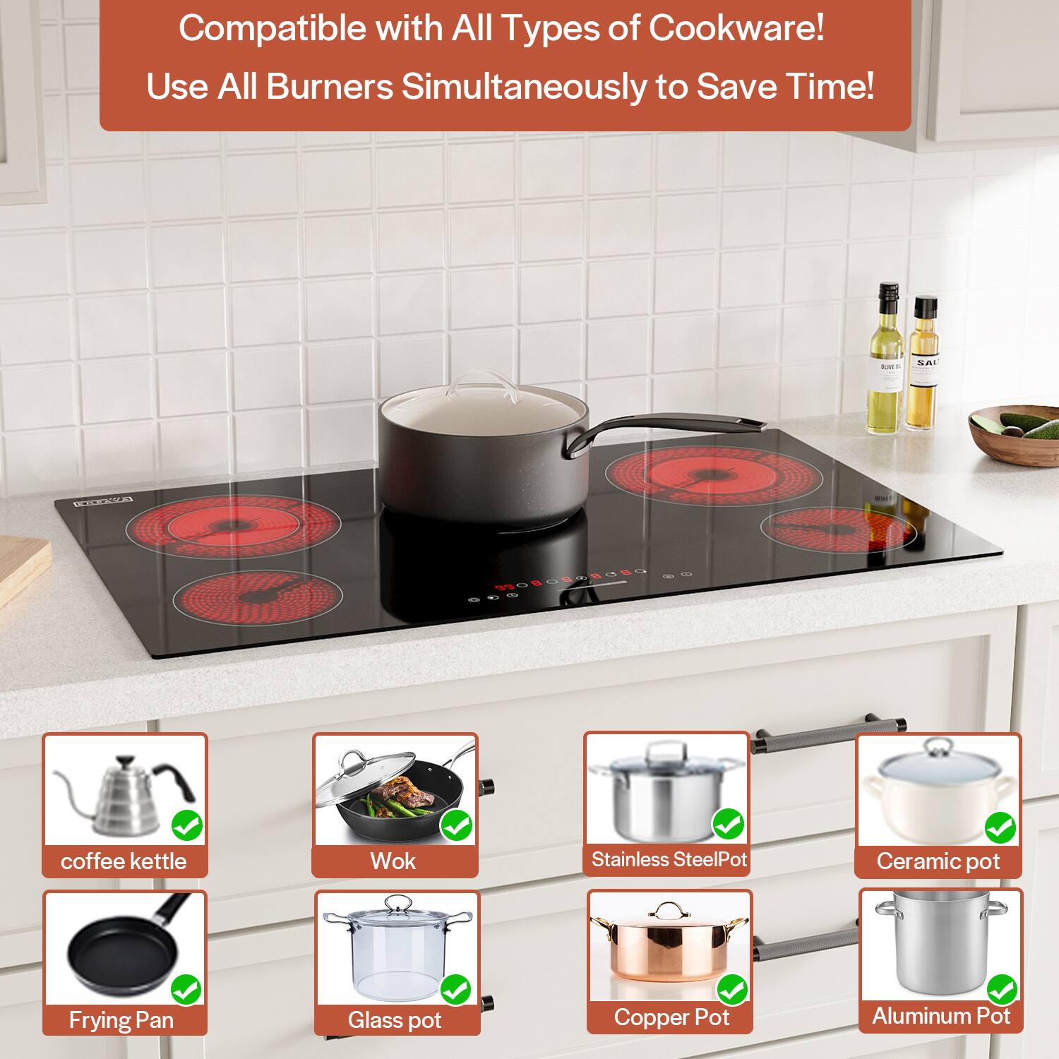 Compatible with All Types of Cookware! Use All Burners Simultaneously to Save Time! coffee kettle Wok Stainless Steel Pot Ceramic pot Frying Pan Glass pot Copper Pot Aluminum Pot