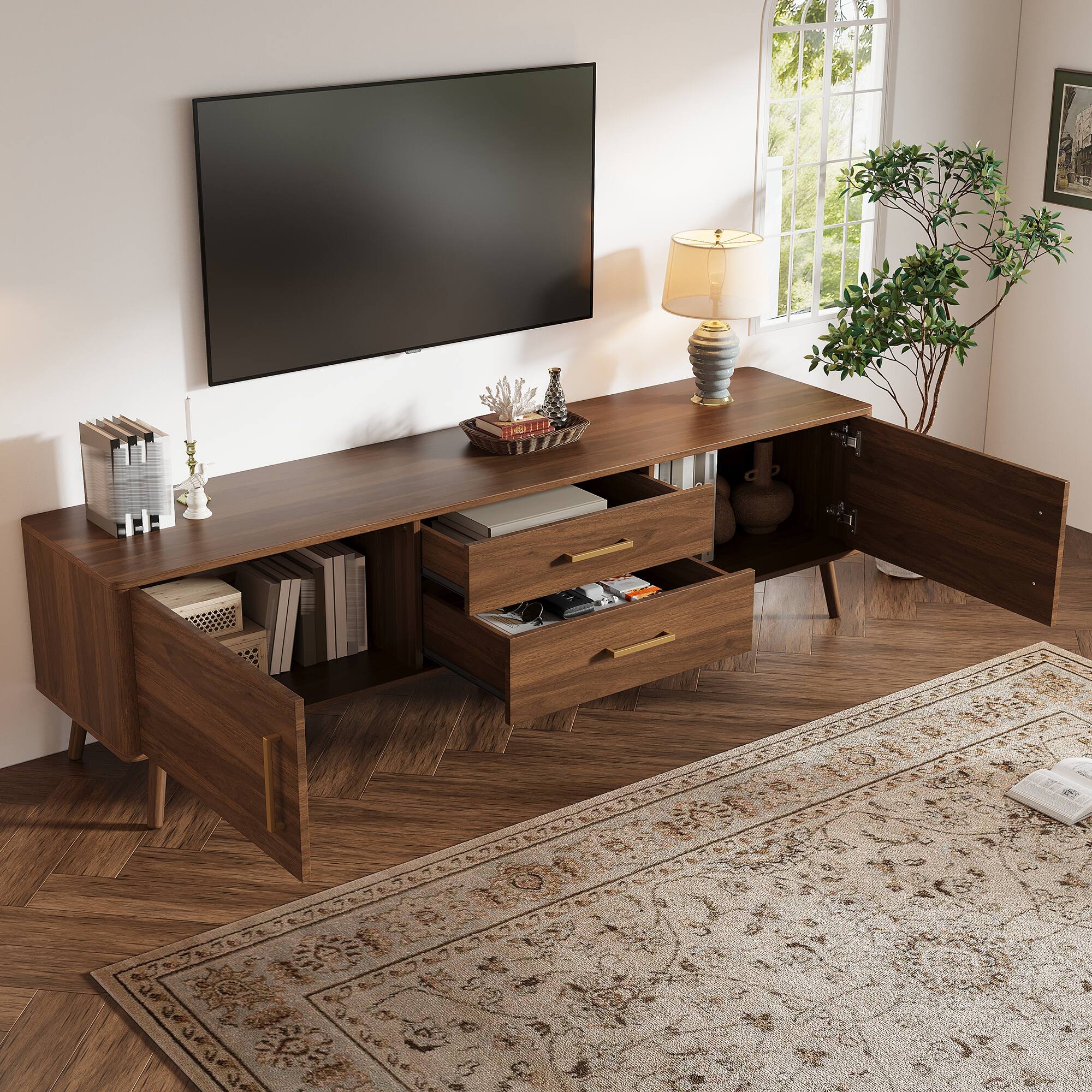 Angle. MERAVOM - Mid-Century Modern TV Stand for TVs Up to 85", 70" Entertainment Center with Storage Cabinets, 2 Drawers for Living Room - Walnut.