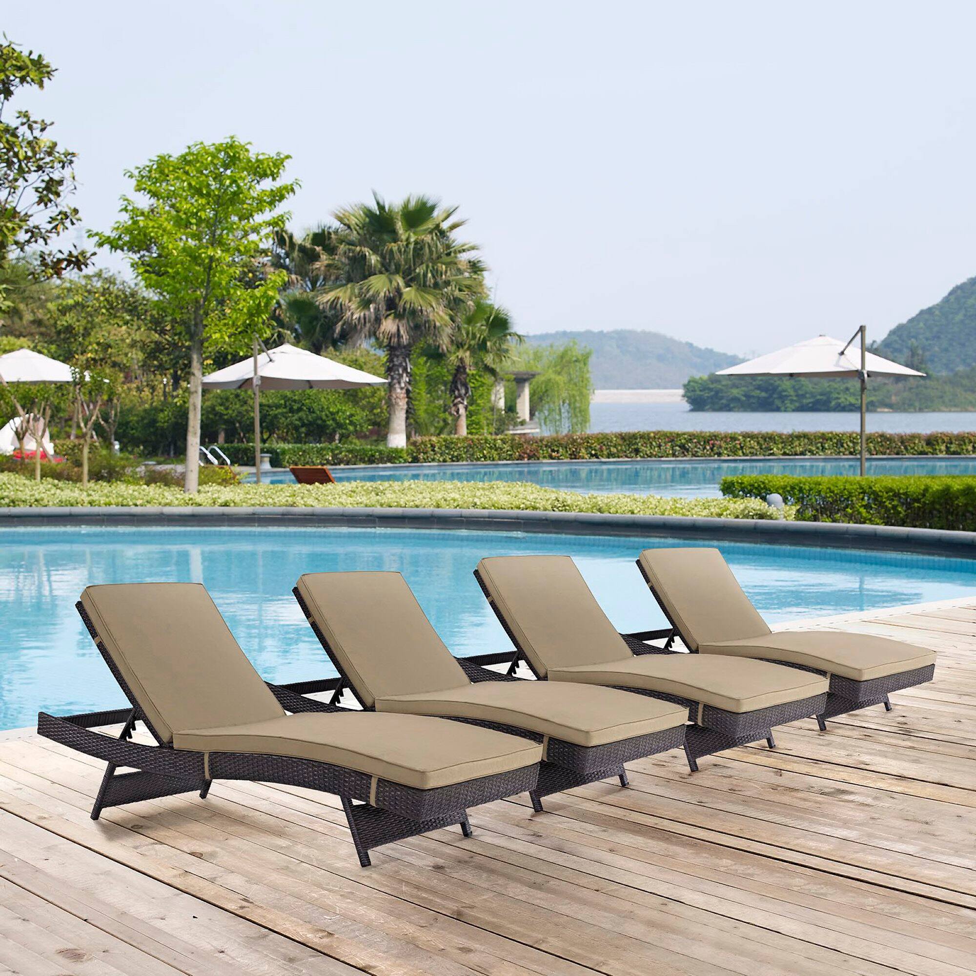 Alt View 1. Modway - Convene Outdoor Patio Chaise Set of 4 - Reclining Synthetic Rattan Chaise - Espresso Mocha.