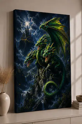 FC Design - Large Moonlit Hydra Dragon Wall Art Canvas Print 24x36" Castle Valley Fantasy Painting for Home Decor - MultiColor