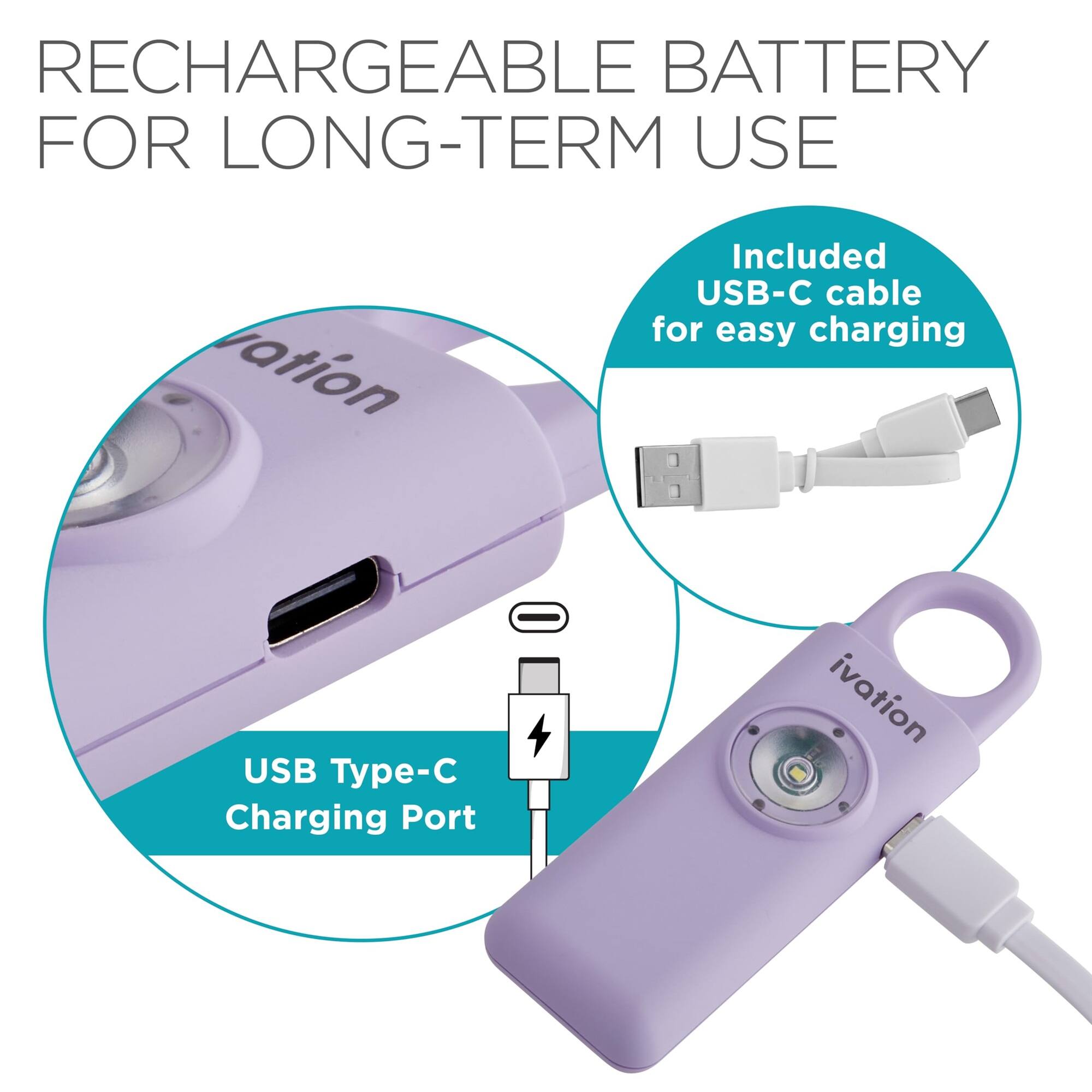 RECHARGEABLE BATTERY FOR LONG-TERM USE, Included USB-C cable for easy charging, USB Type-C Charging Port, ivation