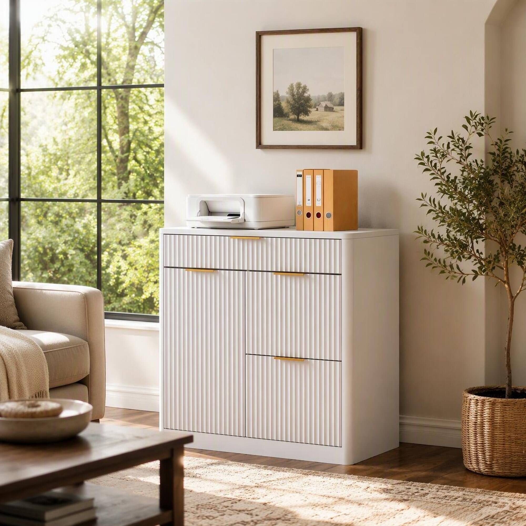 Angle. RYHNUYNE - Freestanding File Cabinet with Charging Station, Large Drawers & Cabinet Doors, Particle Board Office Storage Cabinet.