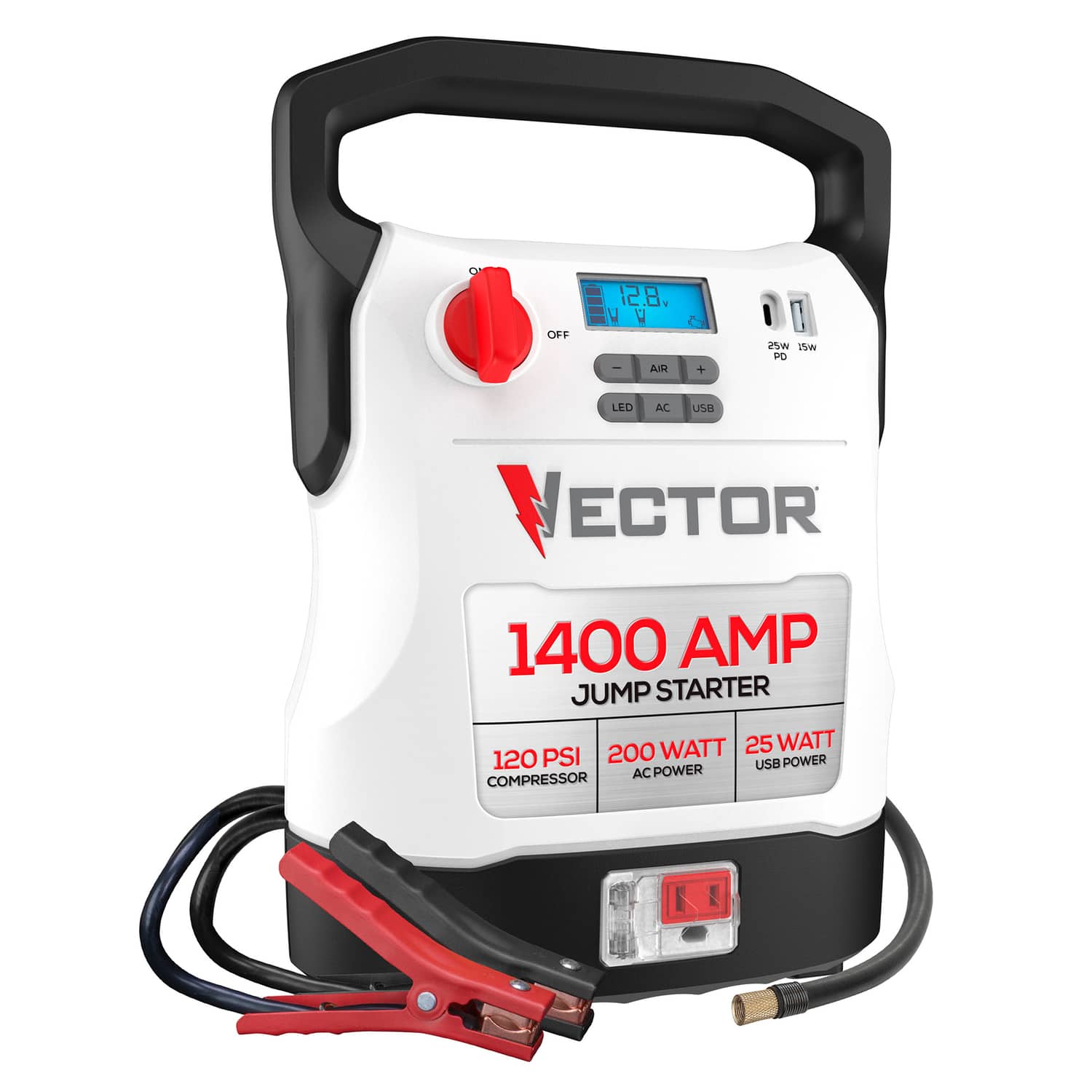 Vector - Portable Car Jump Starter, 120 PSI Air Compressor, USB Power Bank, 1400-Amp Peak, AC Outlet, Clamps, LED, VECJ14C