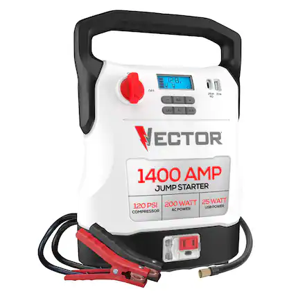 OFF 12.8 V C ee Ada + 25w w PO LED AC USB VECTOR 1400 AMP JUMP STARTER WATT 25 WATT 120 PSI 200 USB POWER AC POWER COMPRESSOR