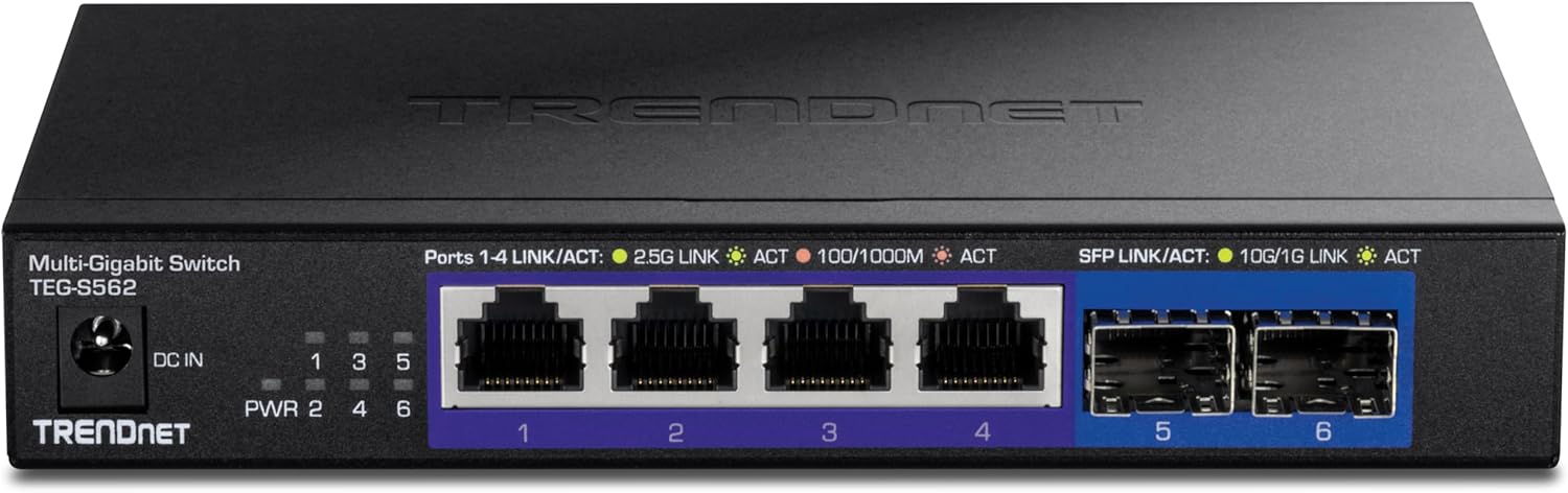 TRENDNET Multi-Gigabit Switch TEG-S562

Ports 1-4 LINK/ACT: 2.5G LINK ACT 100/1000M ACT  
SFP LINK/ACT: 10G/1G LINK ACT  

DC IN 1 3 5  
PWR 2 4 6  

1 2 3 4 5 6