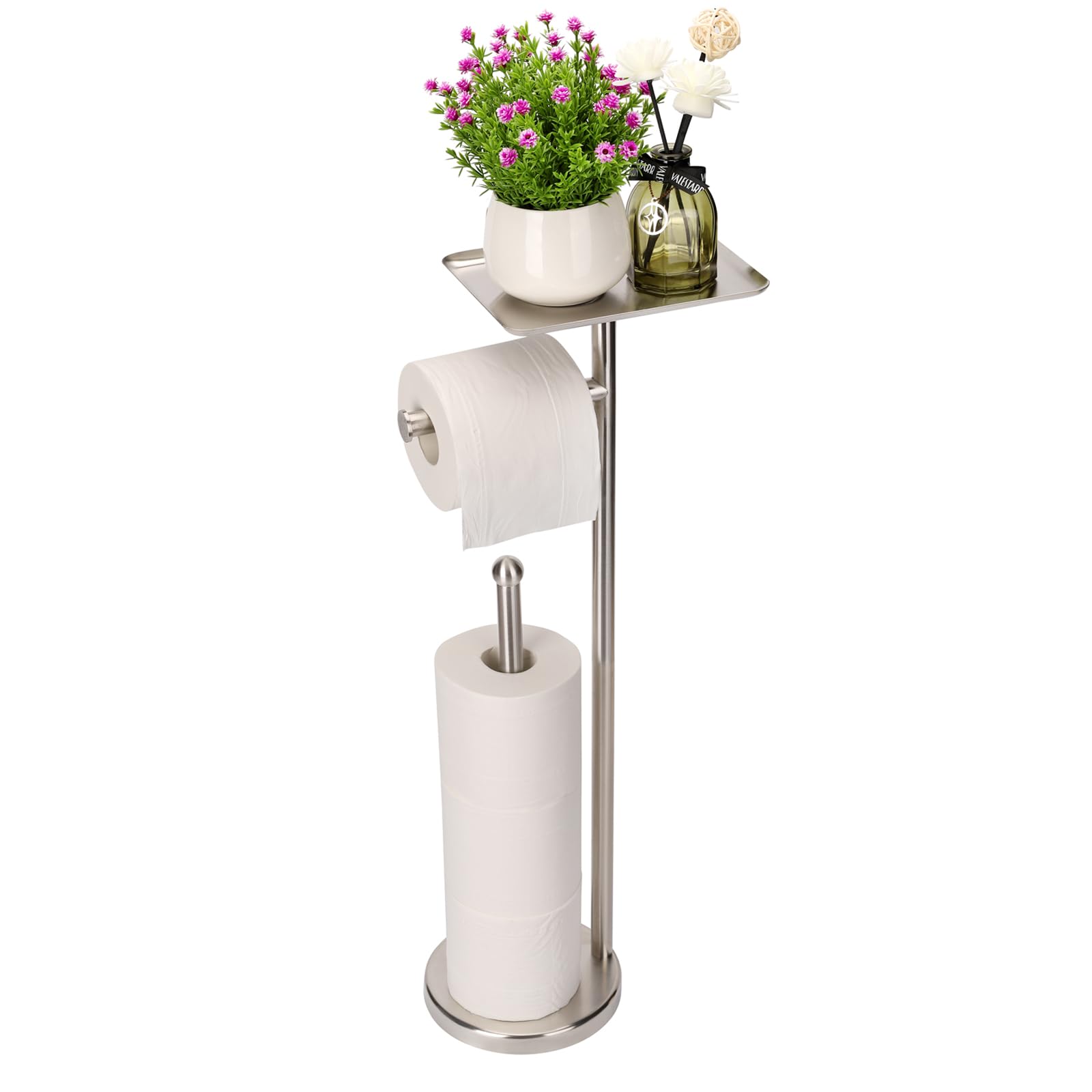 Front. Dazzed Corner - Freestanding Toilet Paper Holder Stand,4 Extra Rolls - Brushed Nickel.