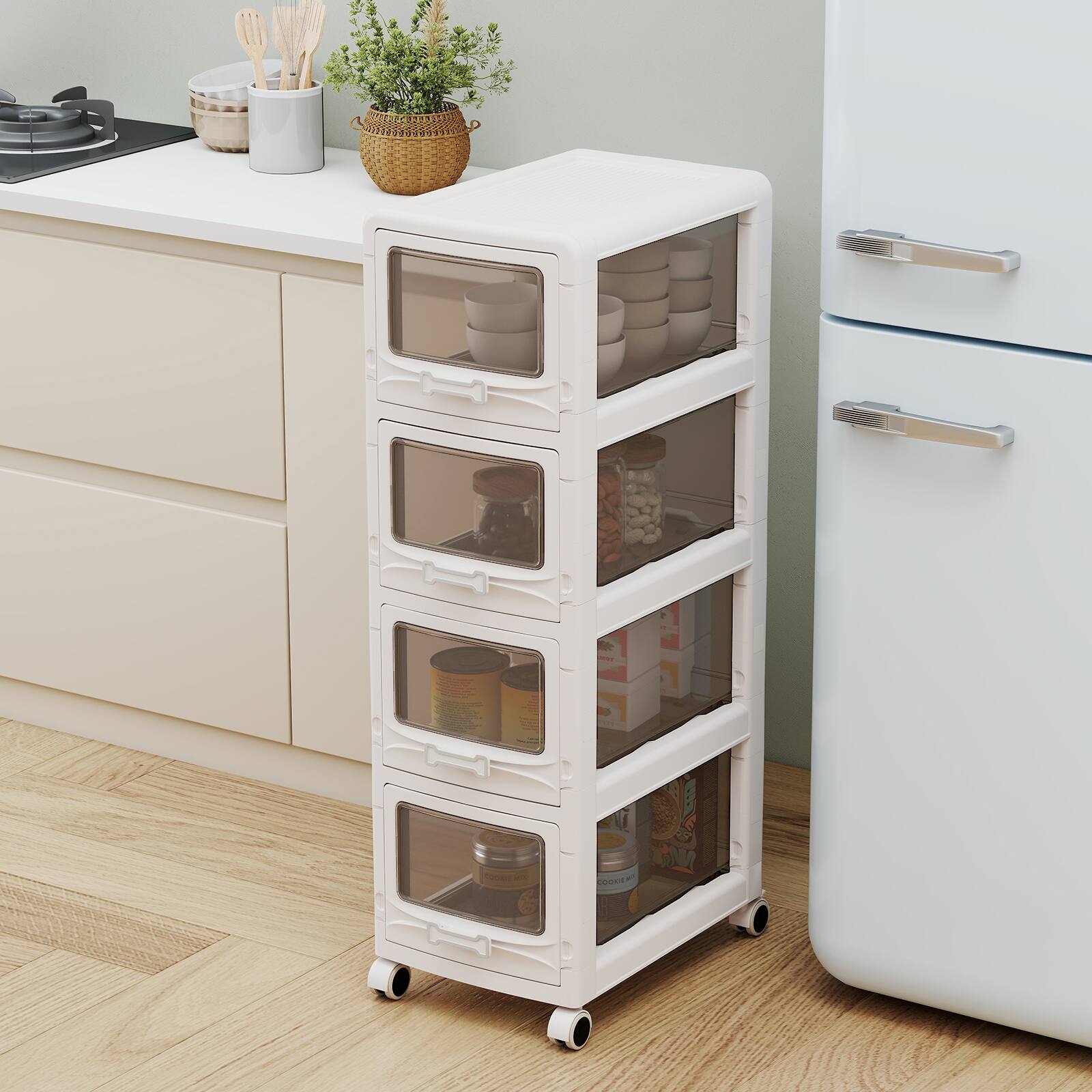 Alt View 1. Gymax - Gymax 4-Tier Plastic Drawer Storage Organizer w/3 Drawers & Lockable Wheels for Home - White.