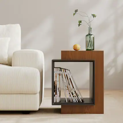 Front. POVISON - 18" Modern Wood Side Table with Storage, Minimalist Square Fluted End Table, Walnut & Black - Walnut & Black.